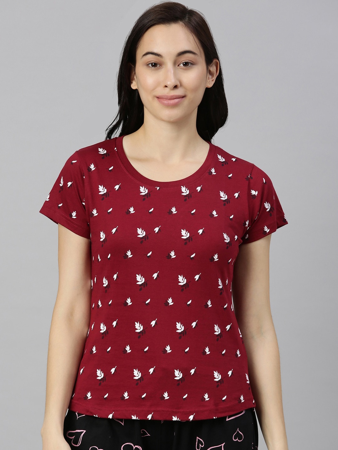 

Kryptic Women Maroon & White Leaf Printed Lounge T-shirt