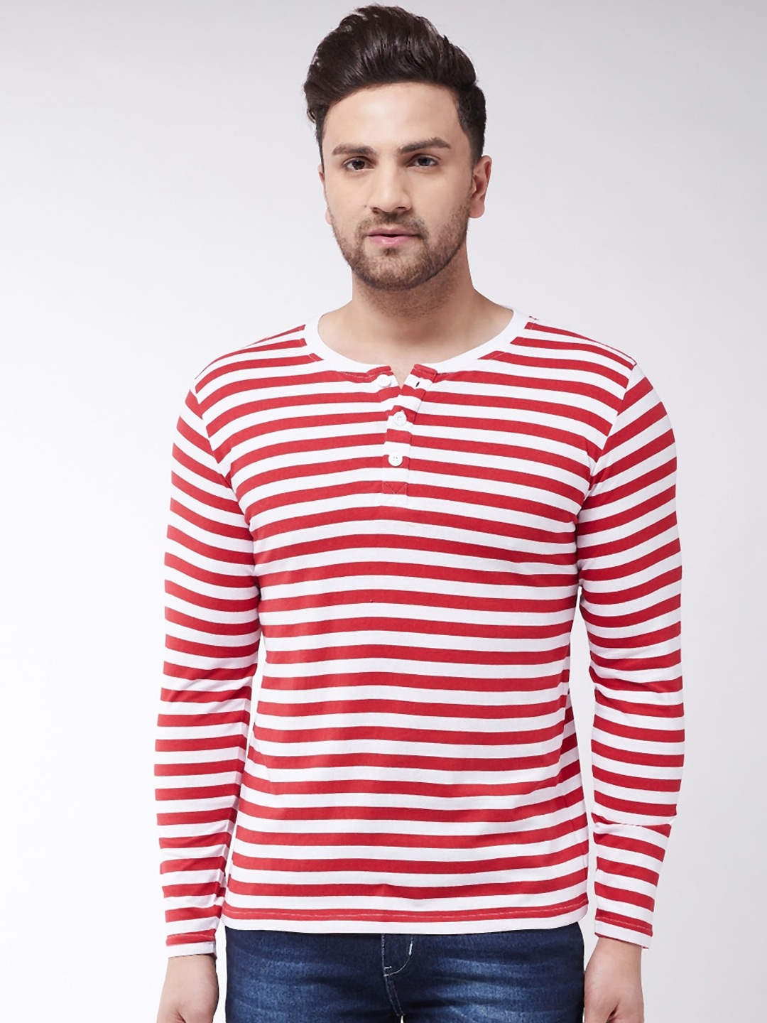 

GRITSTONES Men Red Striped Henley Neck T-shirt