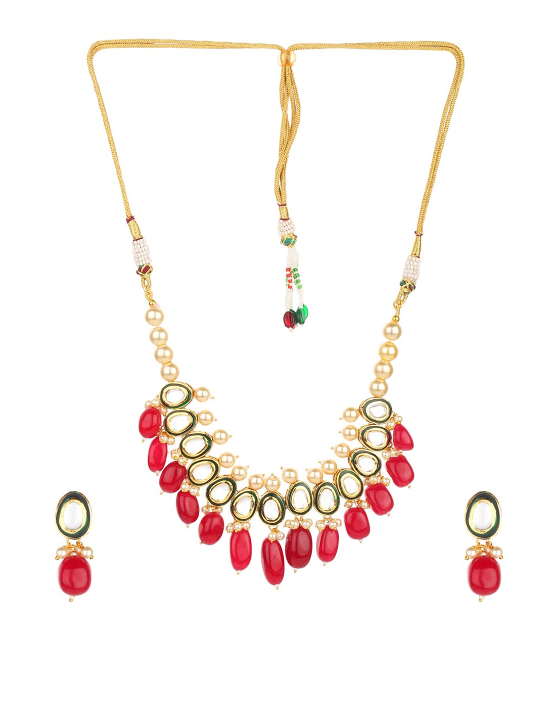 

Runjhun Gold-Plated Red & Green Kundan-Studded Onyx Beaded Handcrafted Jewellery Set