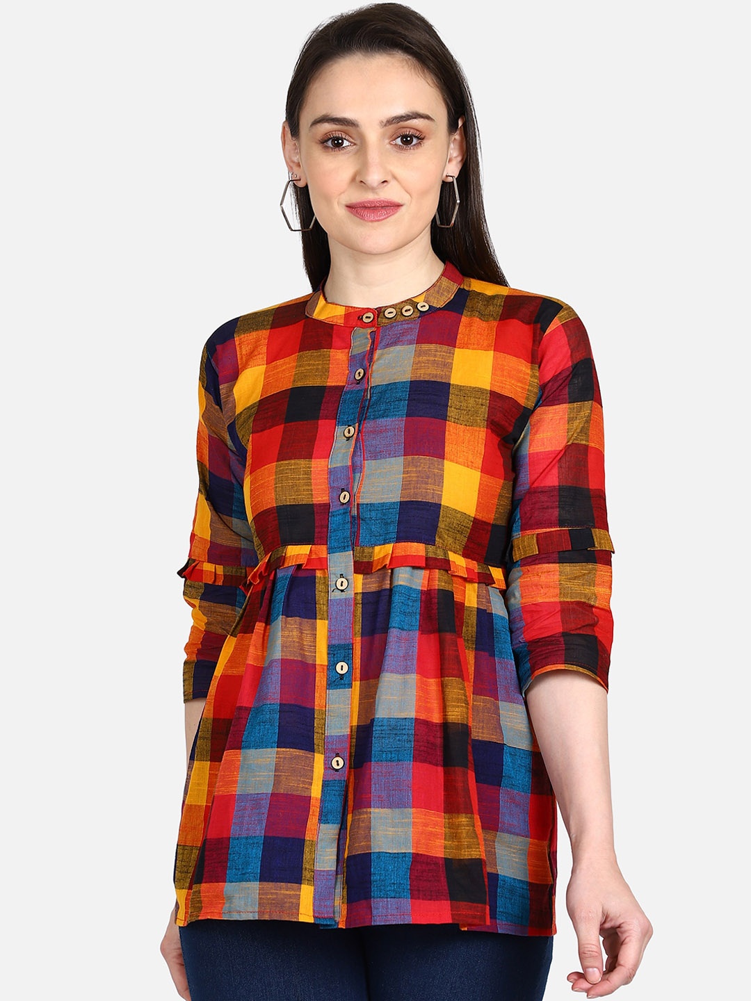 

Sahora blue & yellow checked mandarin collar pure cotton shirt style top
