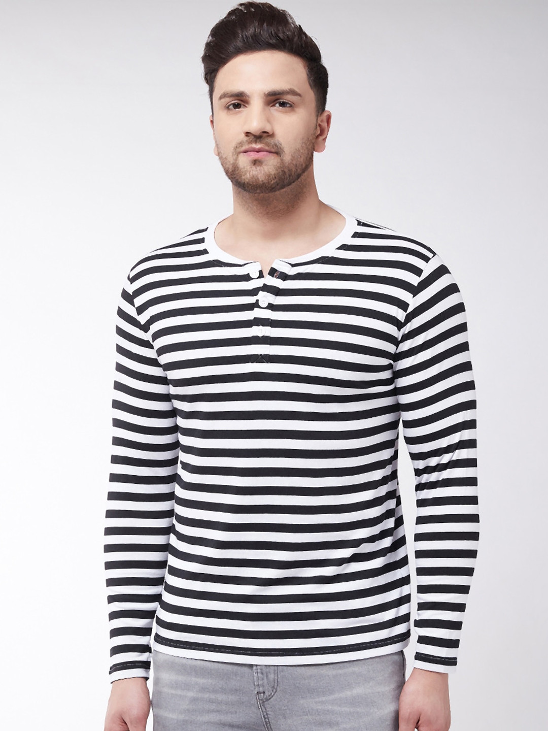 

GRITSTONES Men Black Striped Henley Neck T-shirt