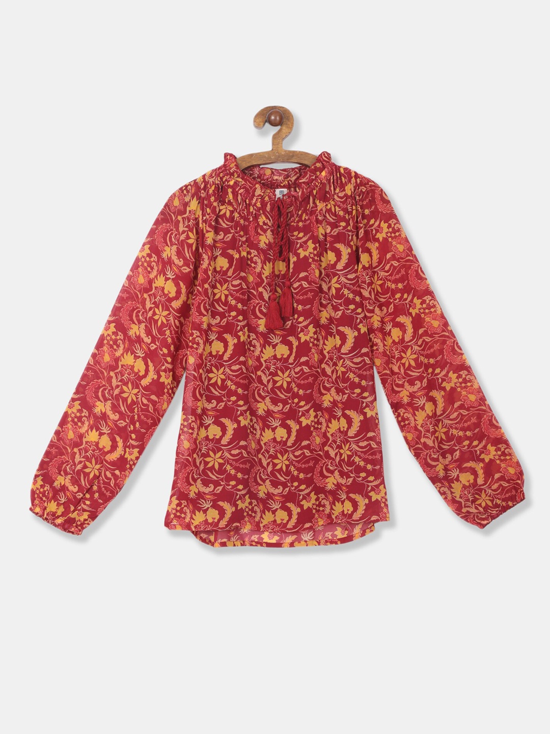 

Cherokee Maroon & Beige Floral Printed Tie-Up Neck Regular Top