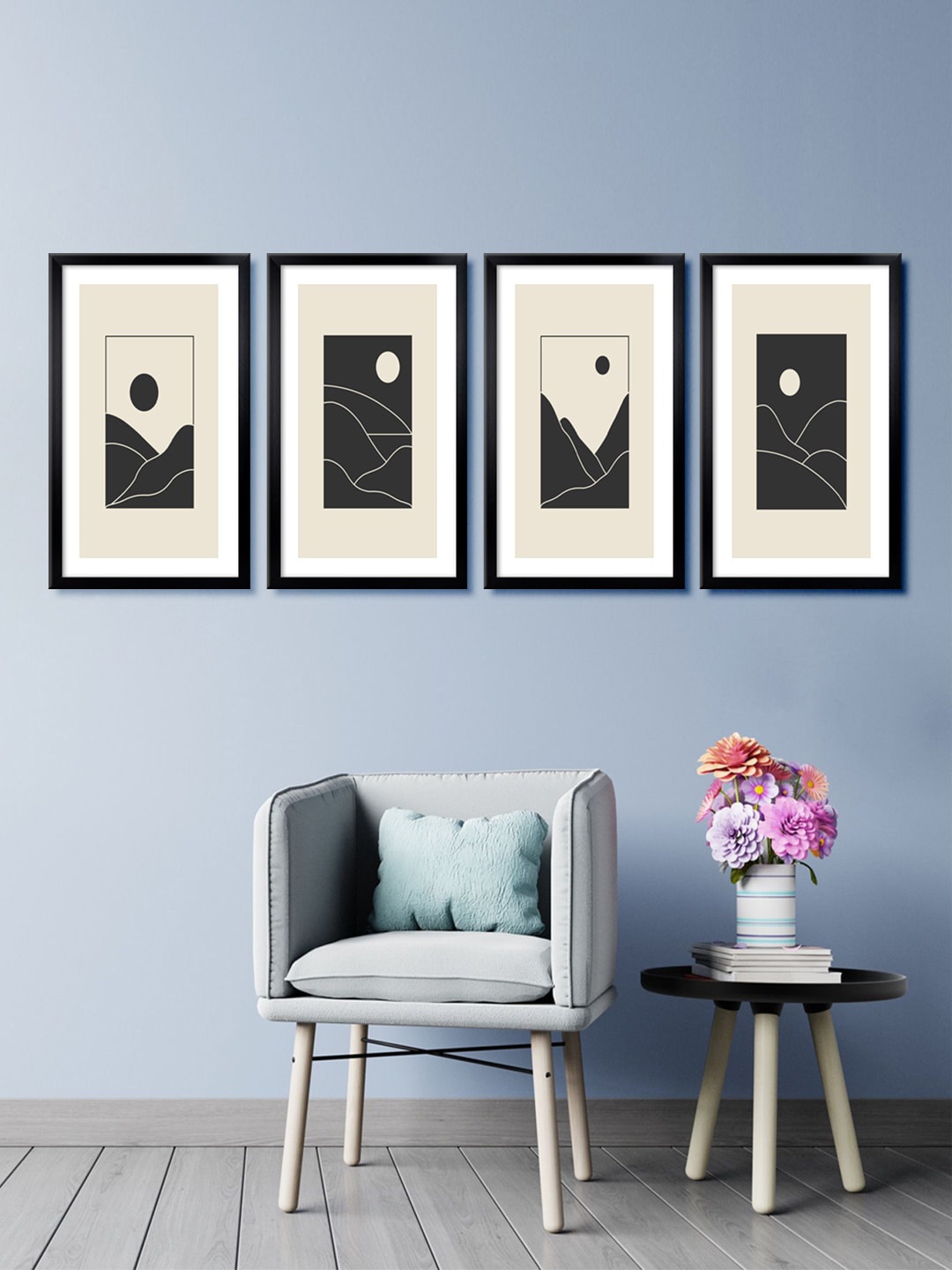 

999Store Set Of 4 Off-White & Black Mountain & Moon Wall Paintings