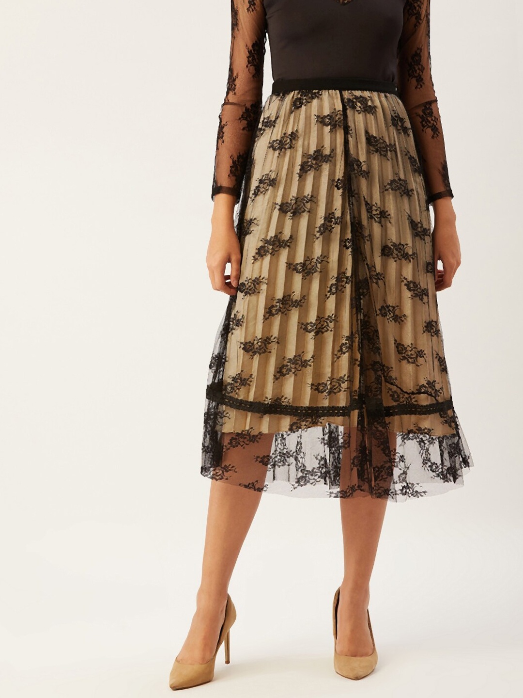 

ANVI Be Yourself Women Cream-Coloured & Black Self-Design A-Line Midi Skirt