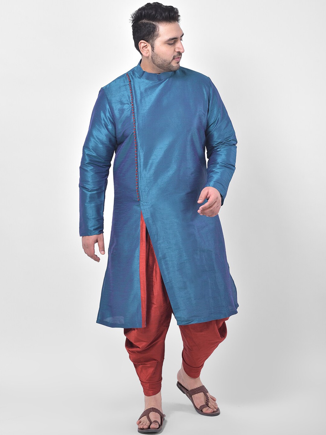 

DEYANN PLUS Men Plus Size Blue Dupion Silk Angrakha Kurta