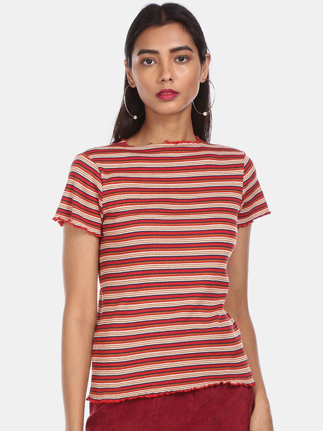 

Cherokee Red & Off White Candy Stripes Pure Cotton Regular Top