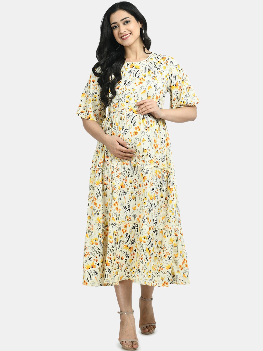 

Aaruvi Ruchi Verma Women Beige & Yellow Floral Printed Maternity A-Line Dress