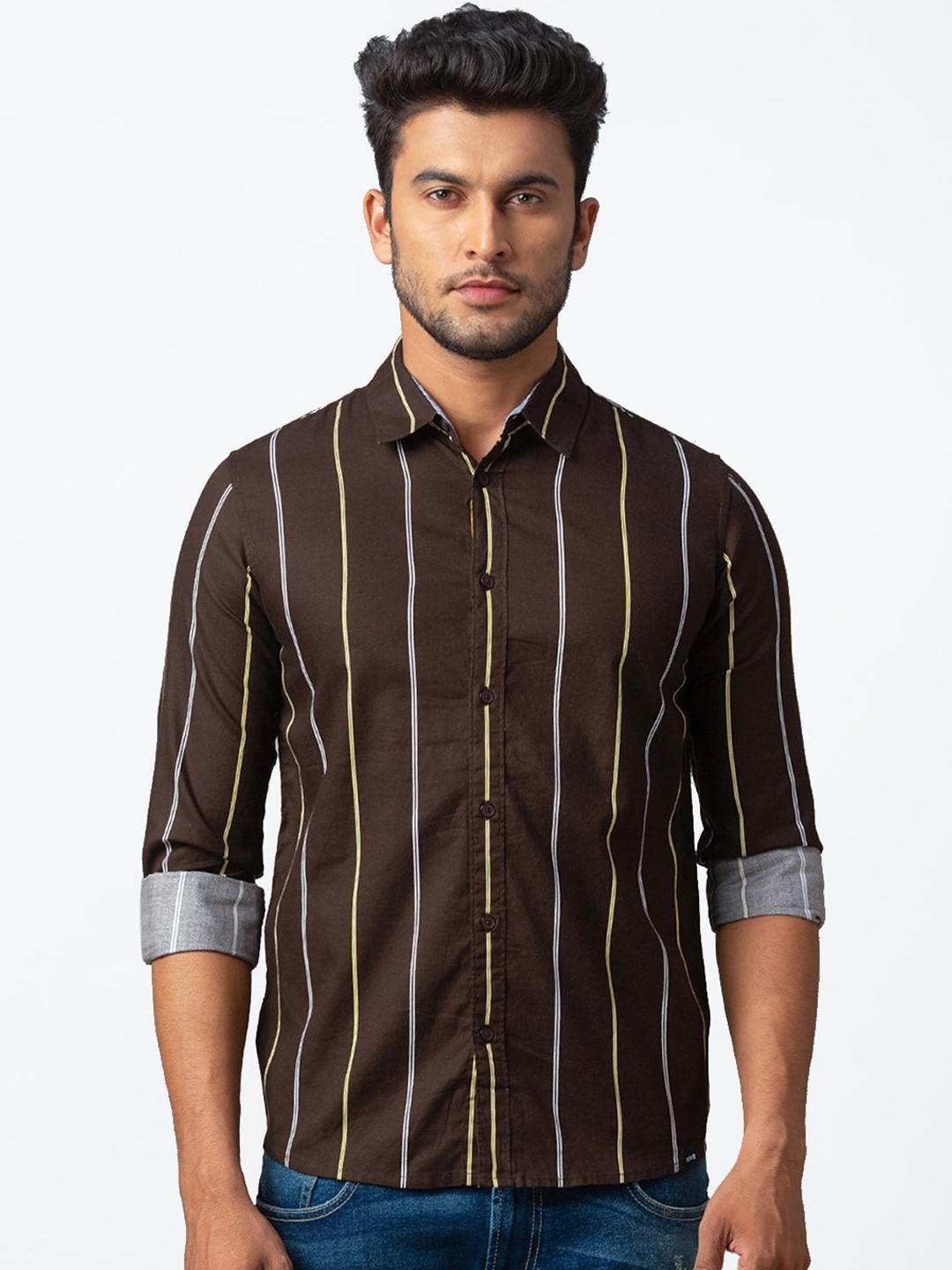 

SPYKAR Men Brown Slim Fit Striped Casual Shirt