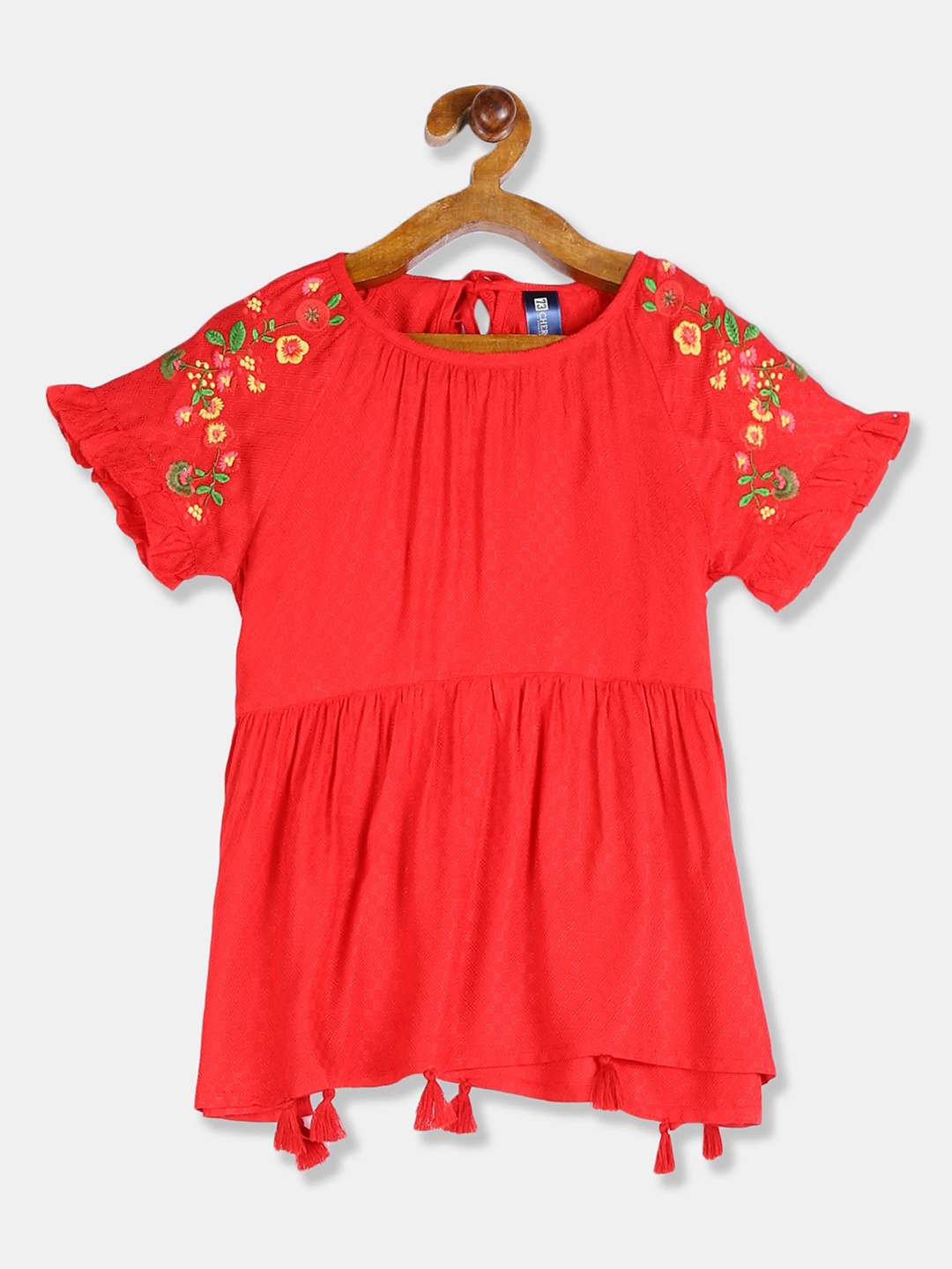 

Cherokee red floral embroidered bell sleeves a-line top