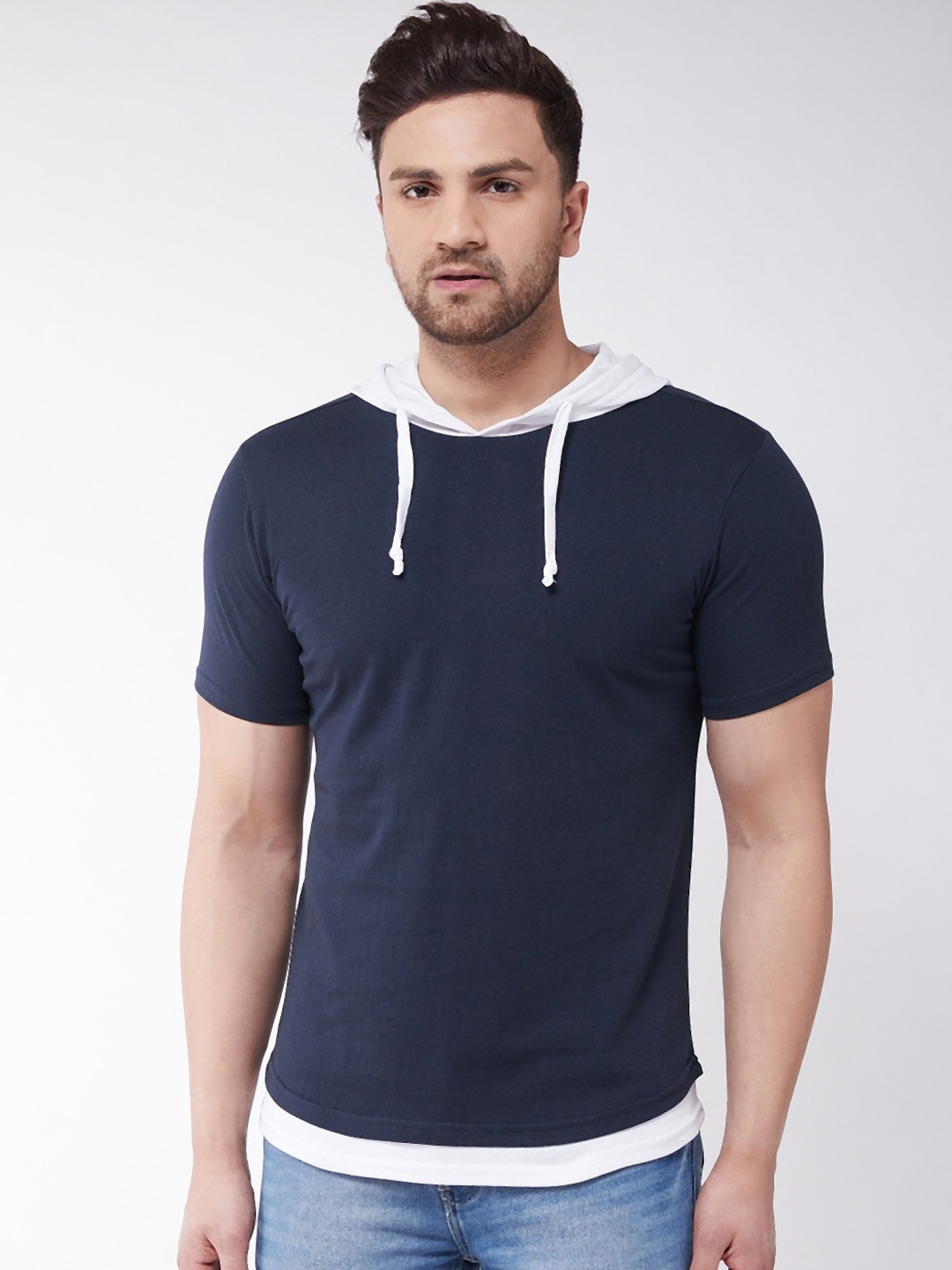 

GRITSTONES Men Navy Blue Solid Hood T-shirt