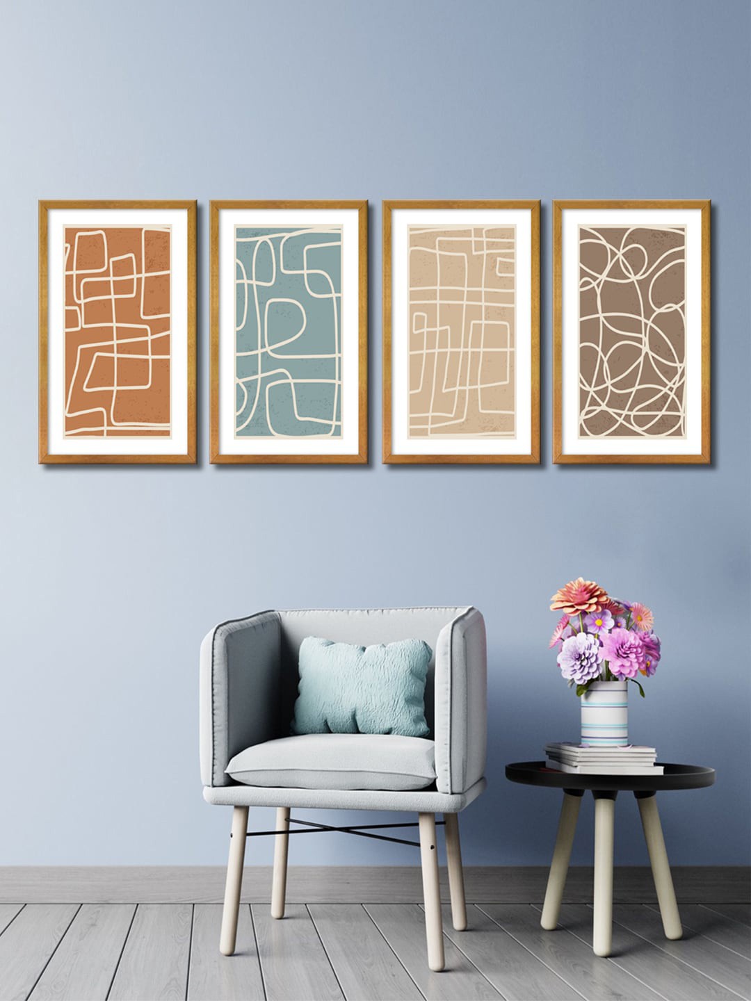 

999Store Set Of 4 Brown & Blue Abstract Painted Wall Art