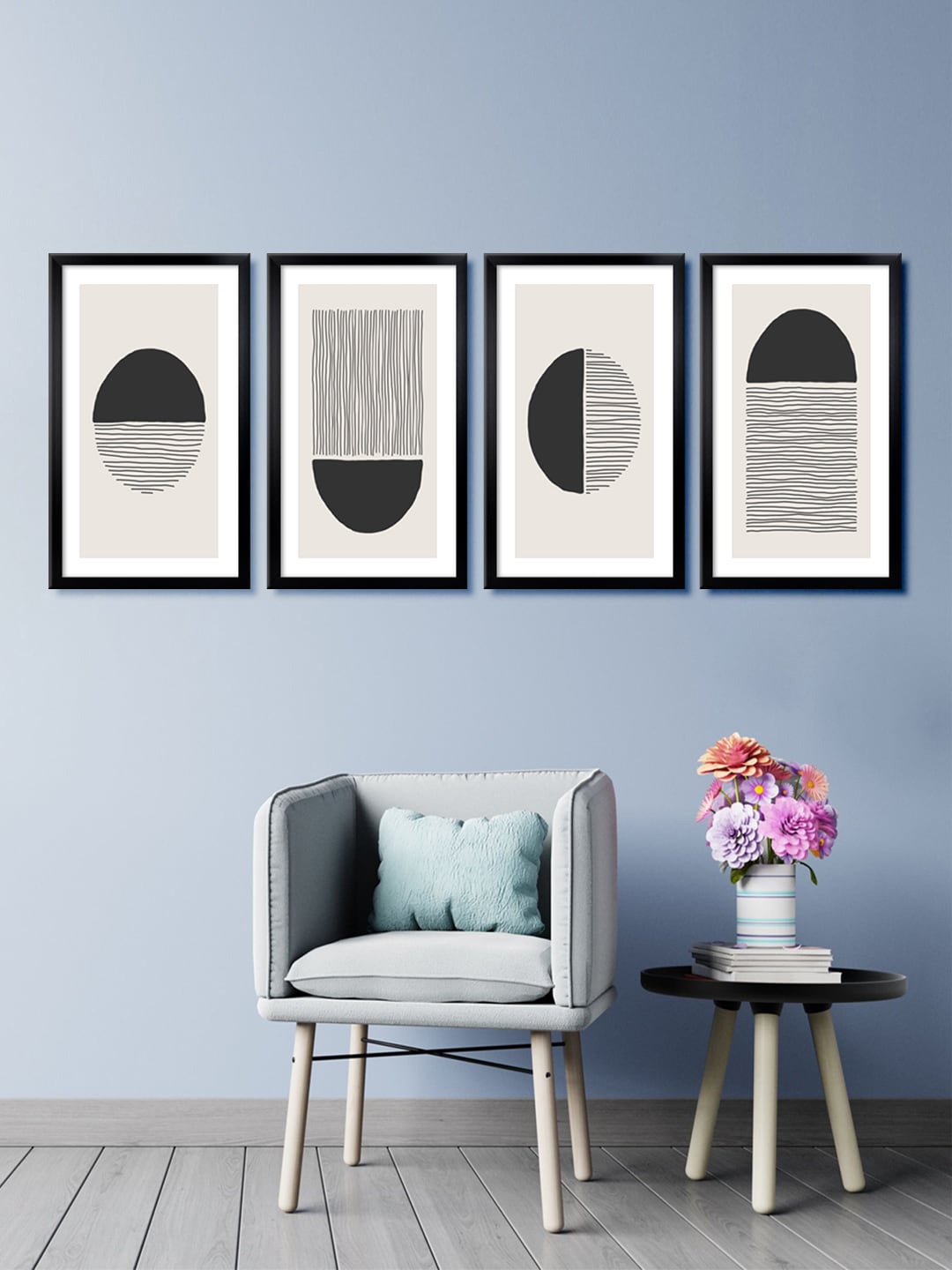 

999Store Set Of 4 Grey & Black Abstract Canvas Framed Wall Paintings