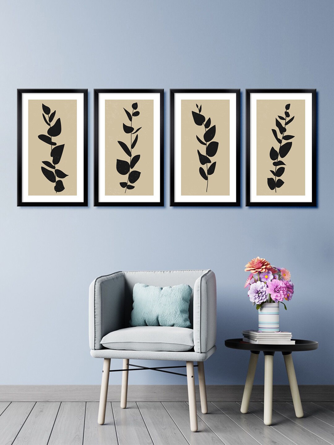 999Store Set of 4 Beige & Black Leaves Canvas Framed Wall Paintings