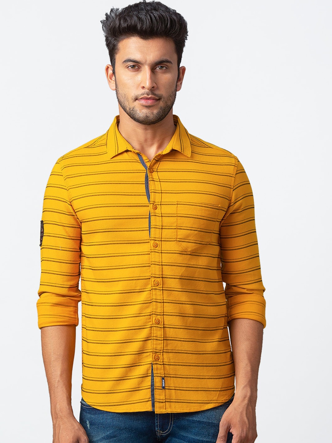 

SPYKAR Men Yellow Slim Fit Striped Casual Shirt