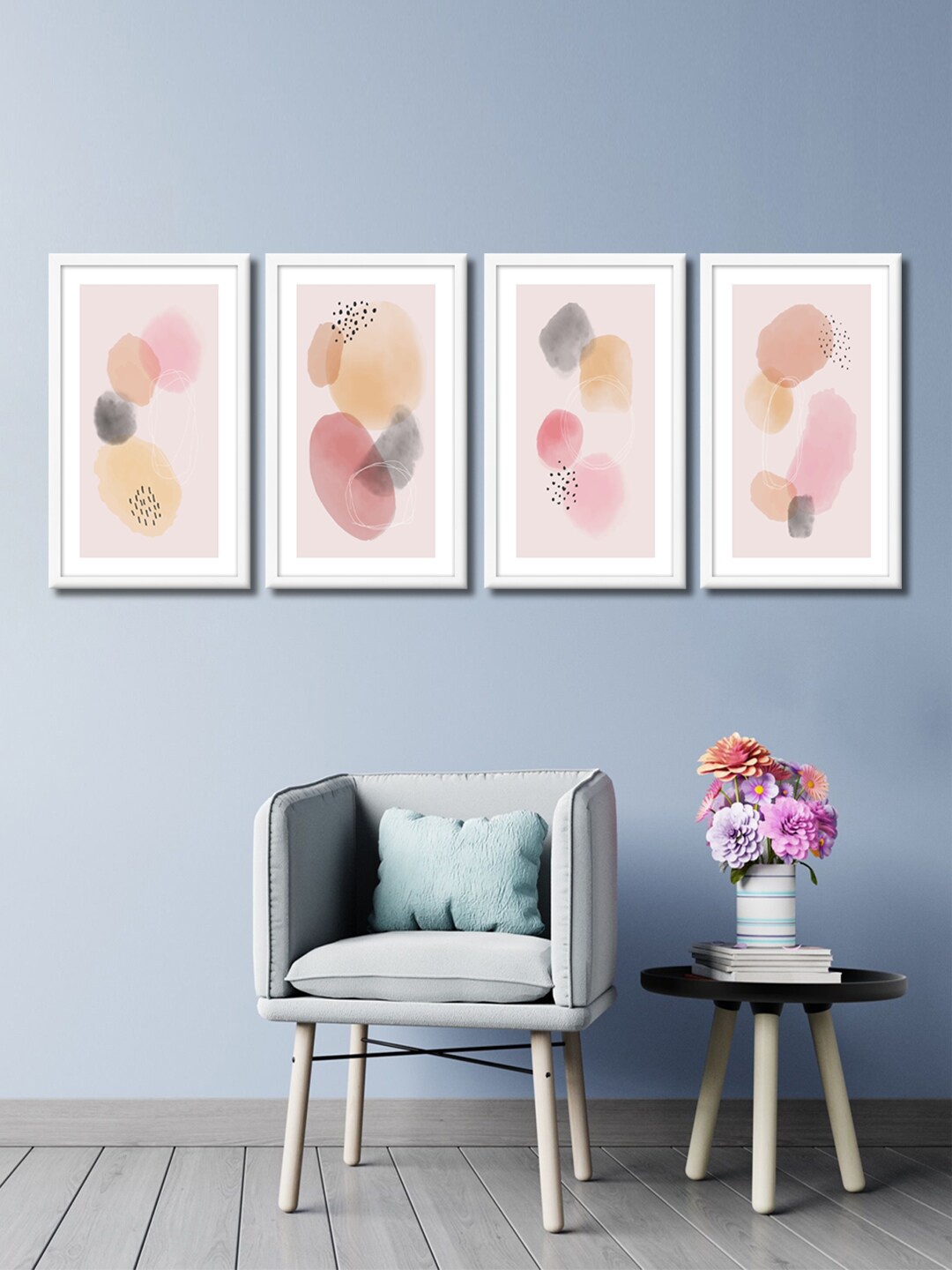 

999Store Set Of 4 Pink & Grey Abstract Canvas Framed Wall Art