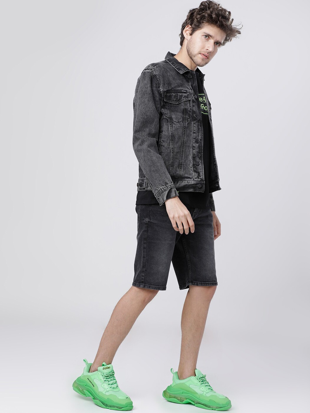

HIGHLANDER Men Black Washed Slim Fit Denim Shorts