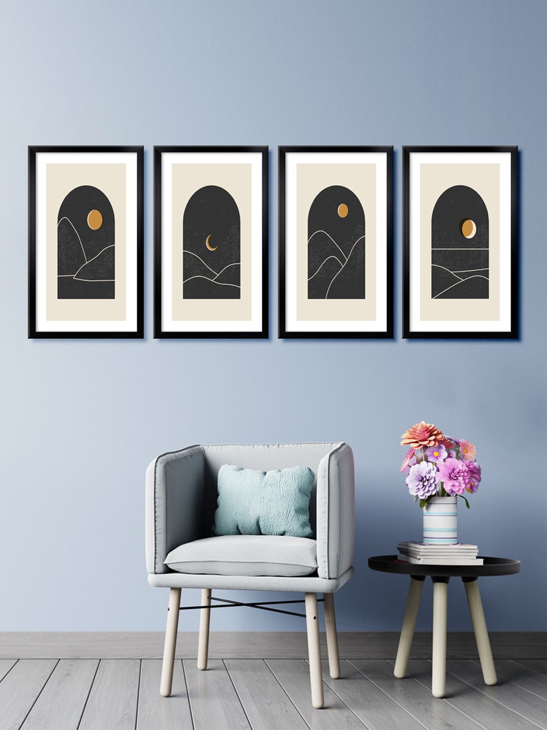 999Store Set of 4 Cream-Coloured & Black Mountain & Moon Canvas Framed Wall Paintings