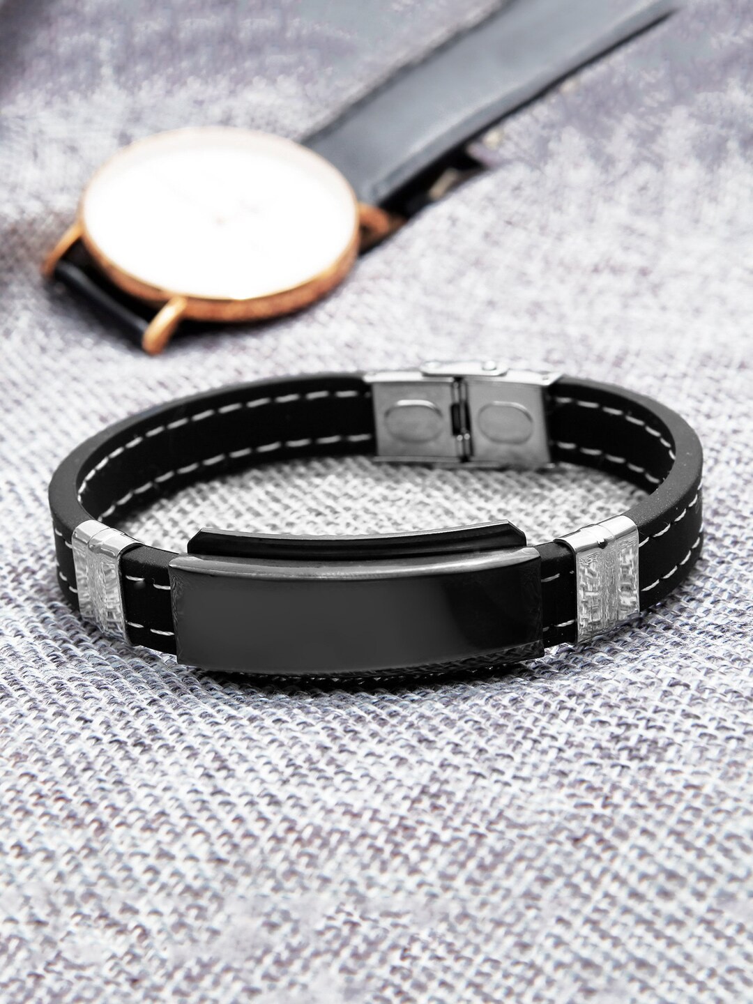 

Yellow Chimes Men Black & Silver-Toned Stainless Steel Wraparound Bracelet