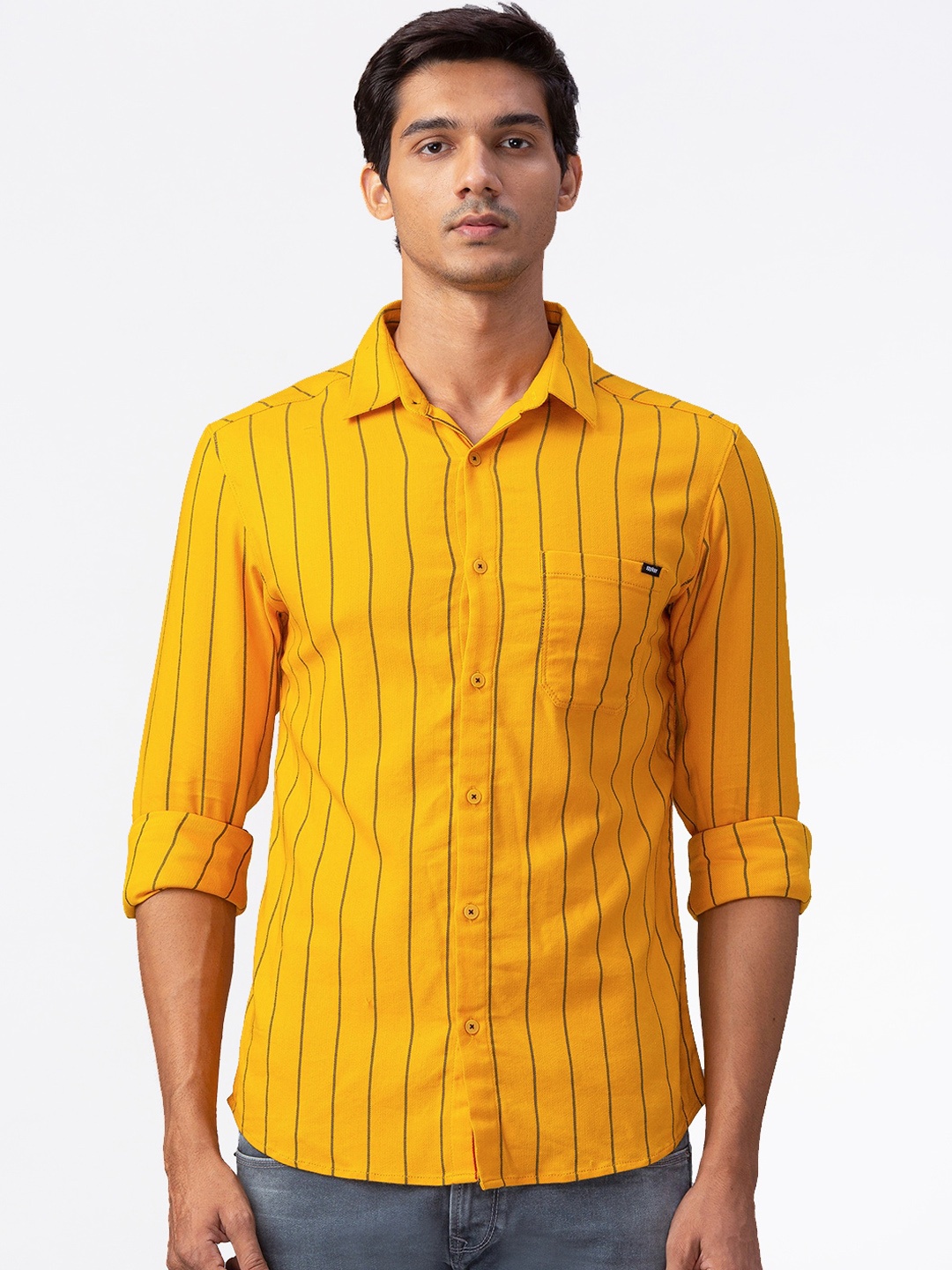 

SPYKAR Men Yellow Slim Fit Striped Casual Shirt