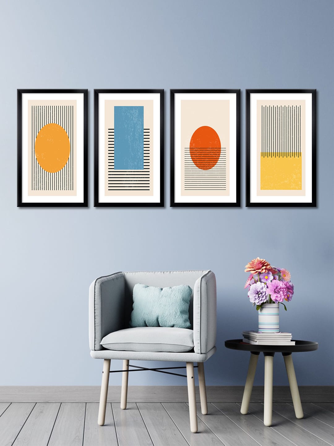 

999Store Set Of 4 Cream-Coloured & Black Abstract Canvas Framed Wall Art