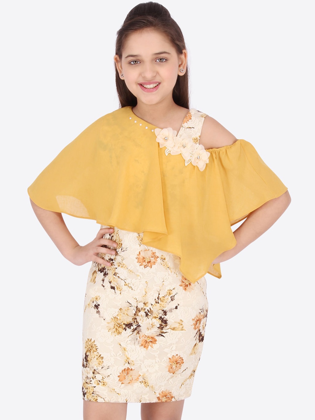

CUTECUMBER Girls Yellow Printed A-Line Dress
