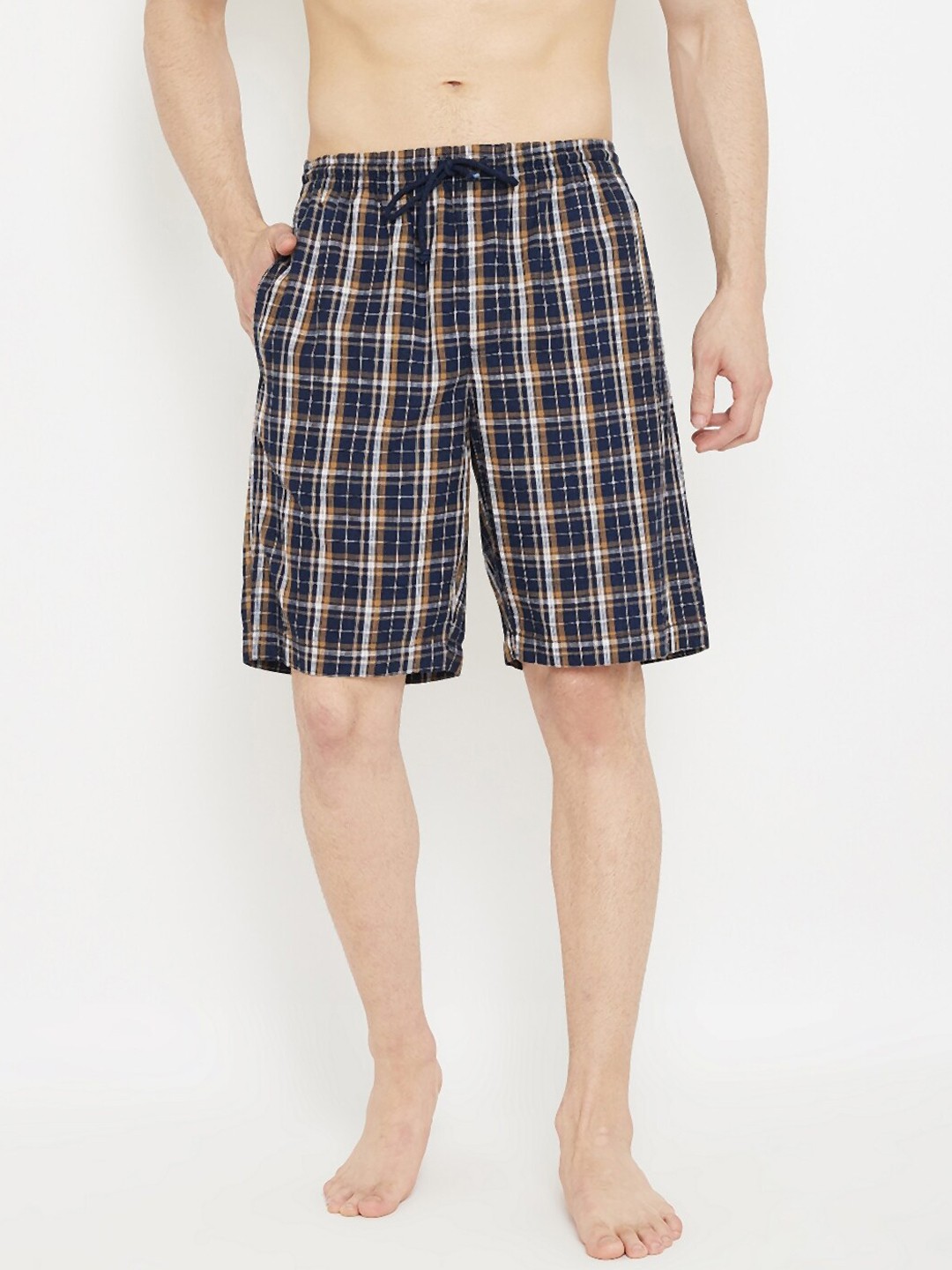 

Crimsoune Club Men Navy Blue & Brown Checked Cotton Lounge Shorts