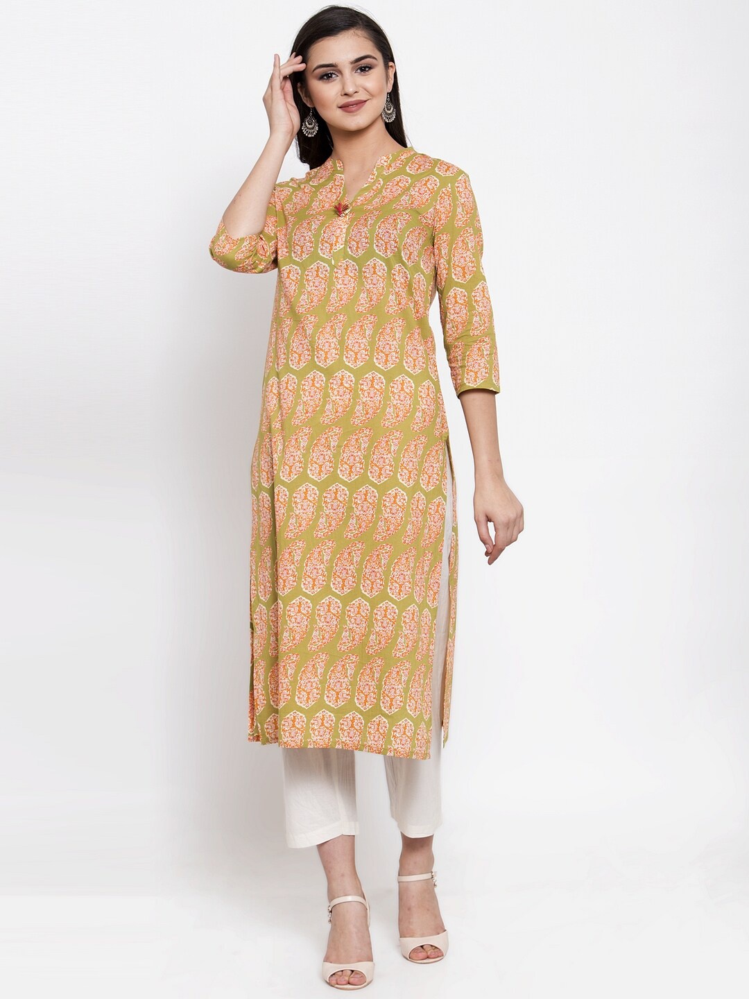 The kurta express women green & orange paisley printed kurta