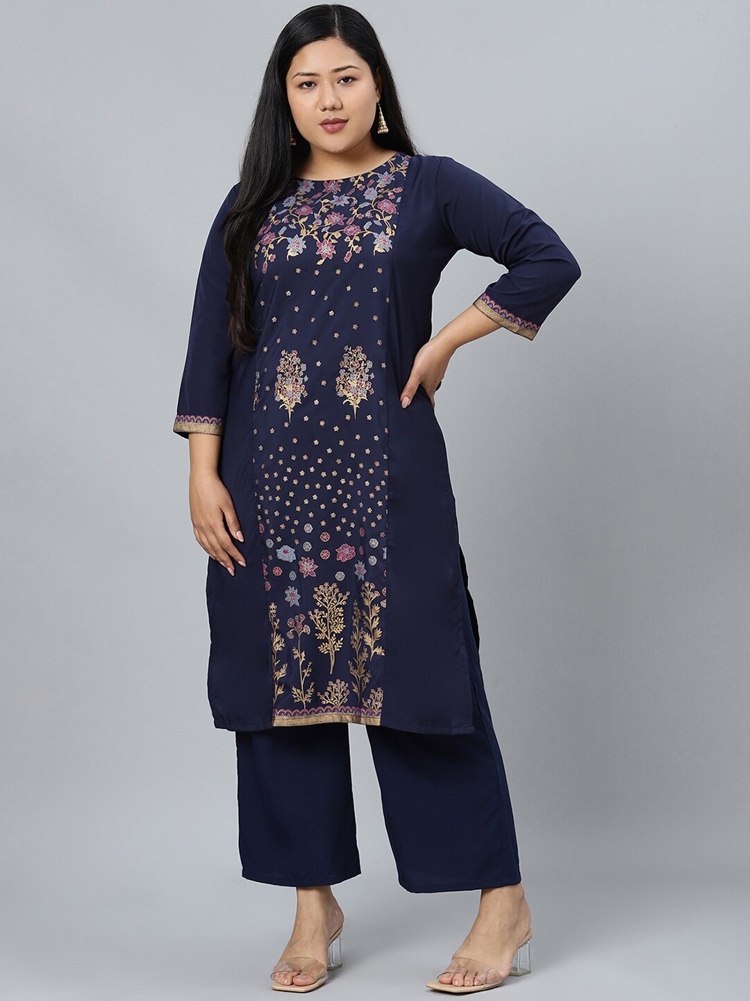 

curveZI by Ziyaa Women Navy Blue Printed Kurta with Trousers