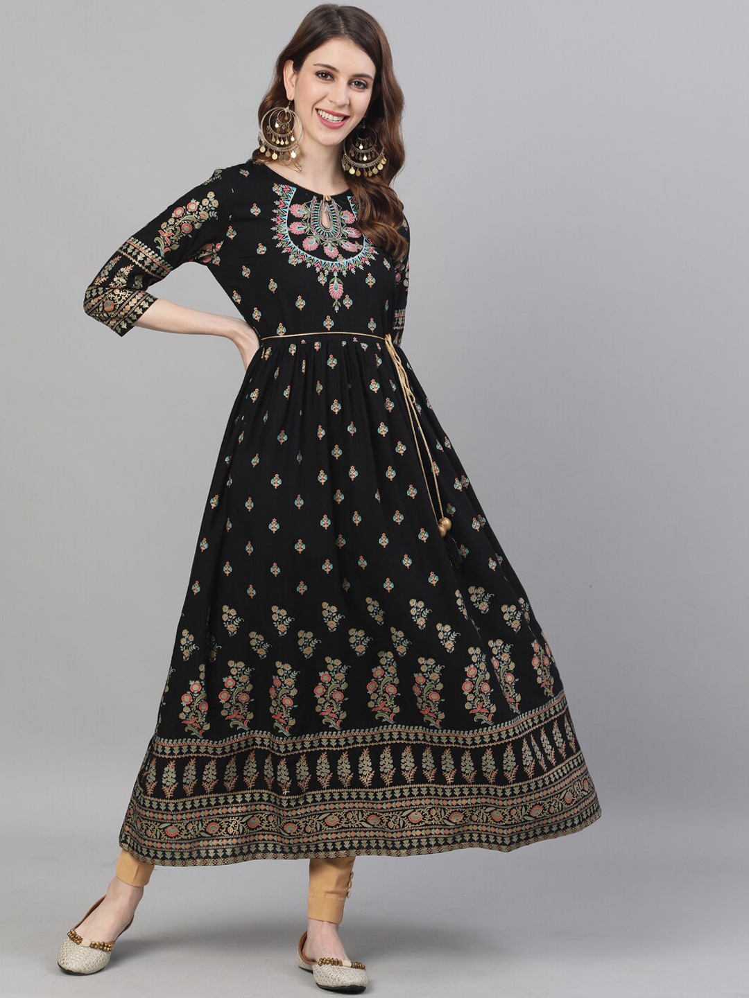 

Ishin Women Black Ethnic Motifs Embroidered Keyhole Neck Anarkali Kurta
