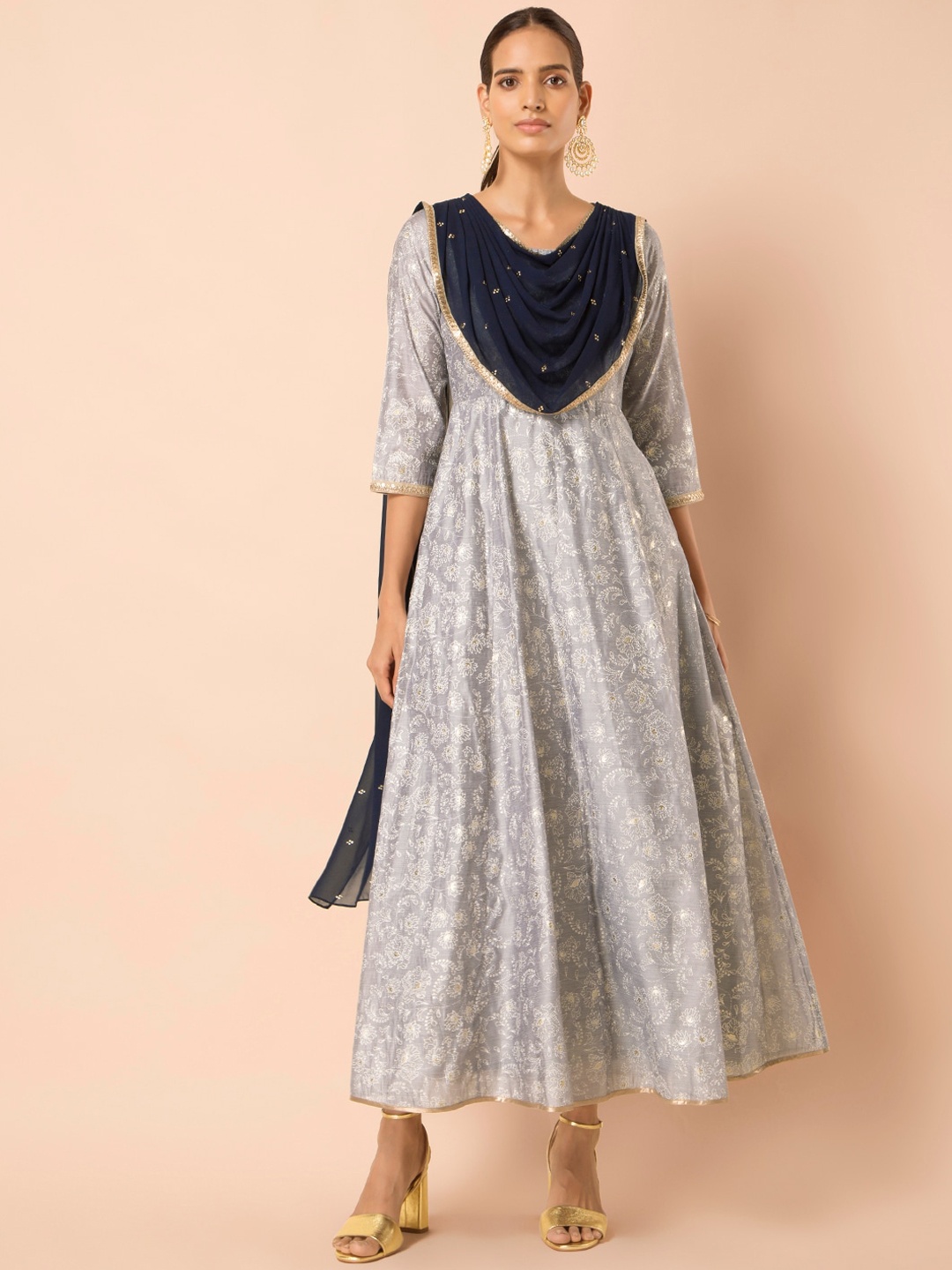 

INDYA Women Grey Printed Maxi Dress With Attached Dupatta
