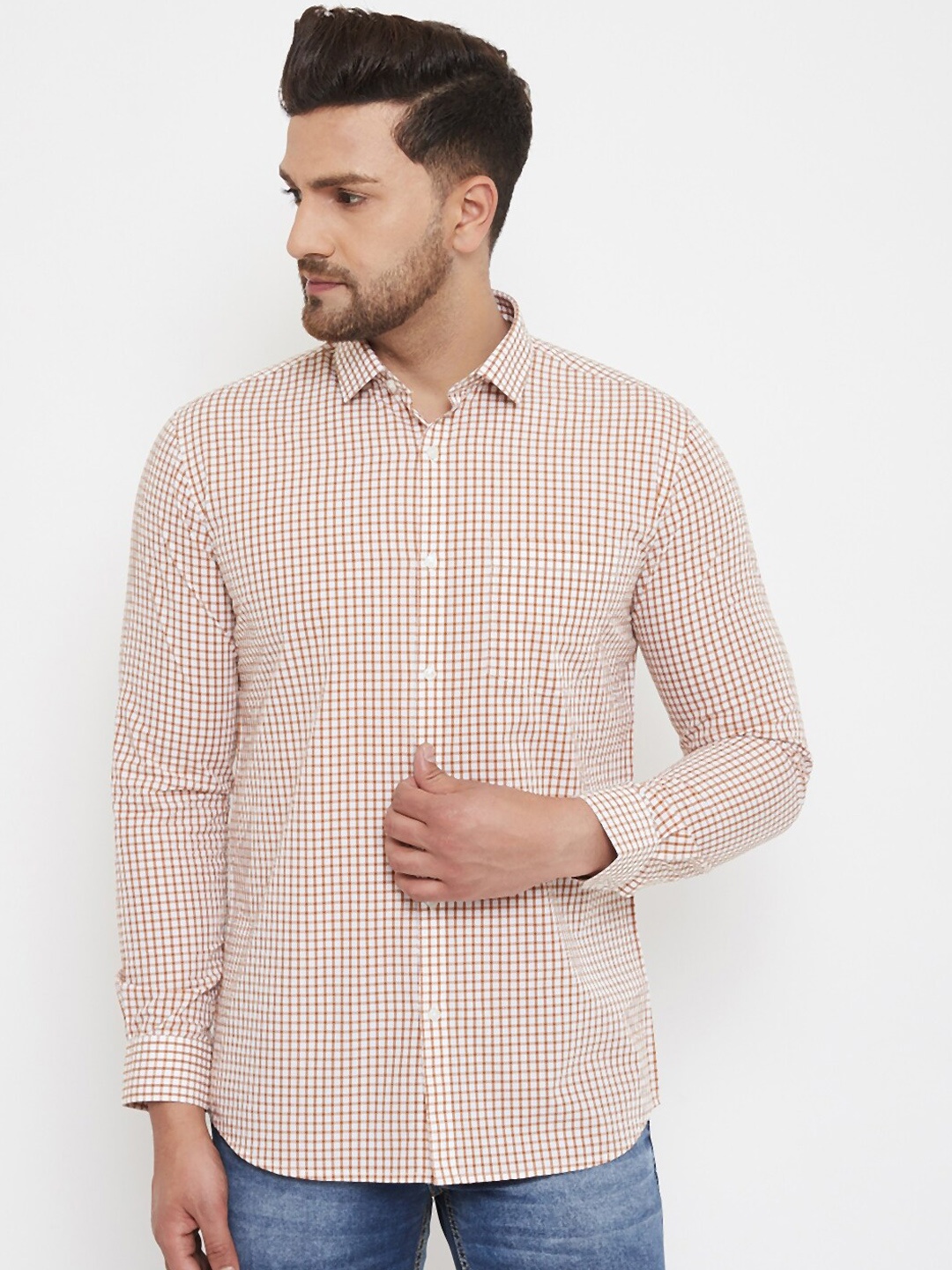 

Canary London Men Khaki Brown & White Slim Fit Checked Casual Shirt