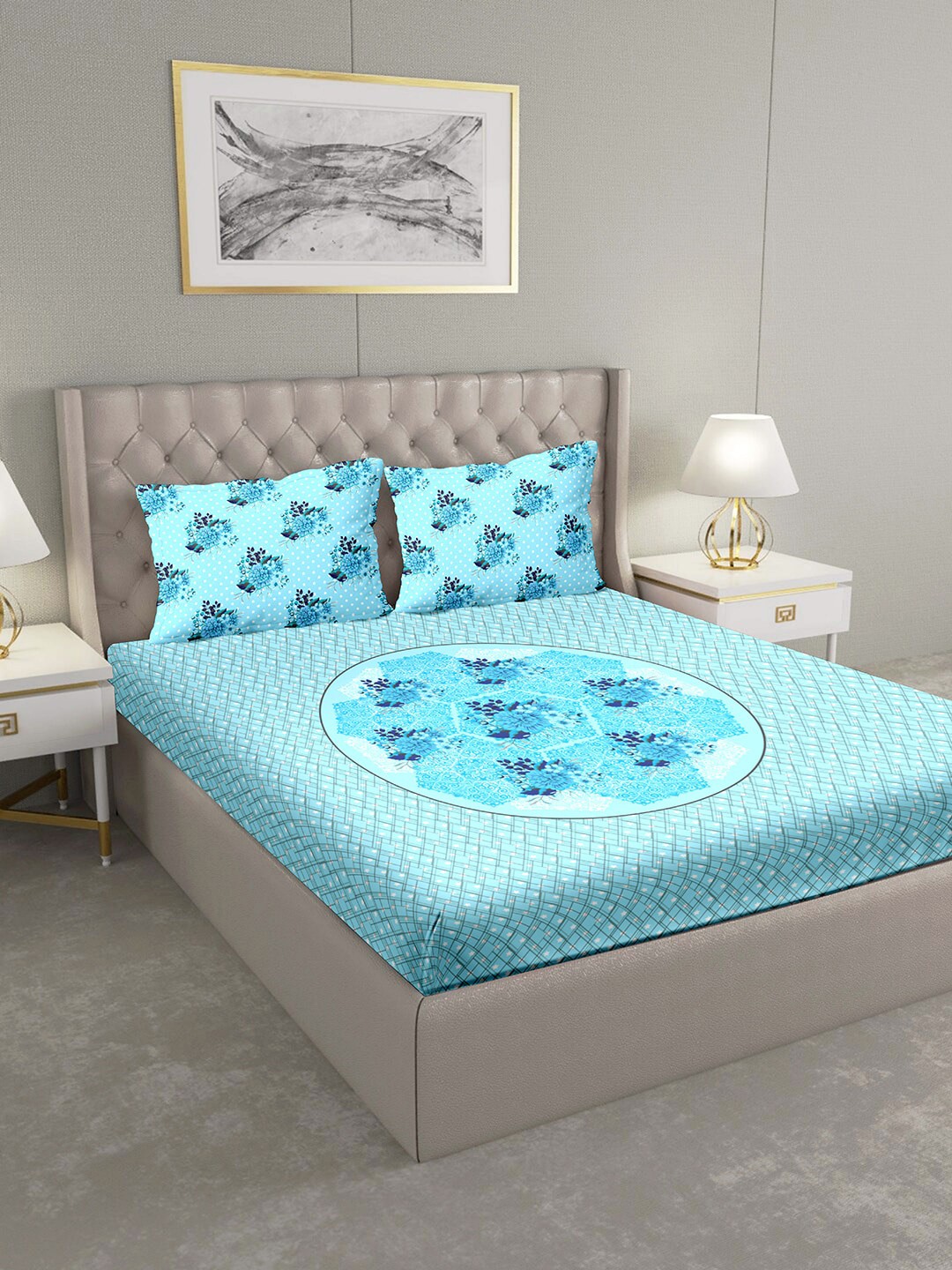 

BELLA CASA Blue Floral 124 TC Cotton 1 Extra Large Bedsheet with 2 Pillow Covers