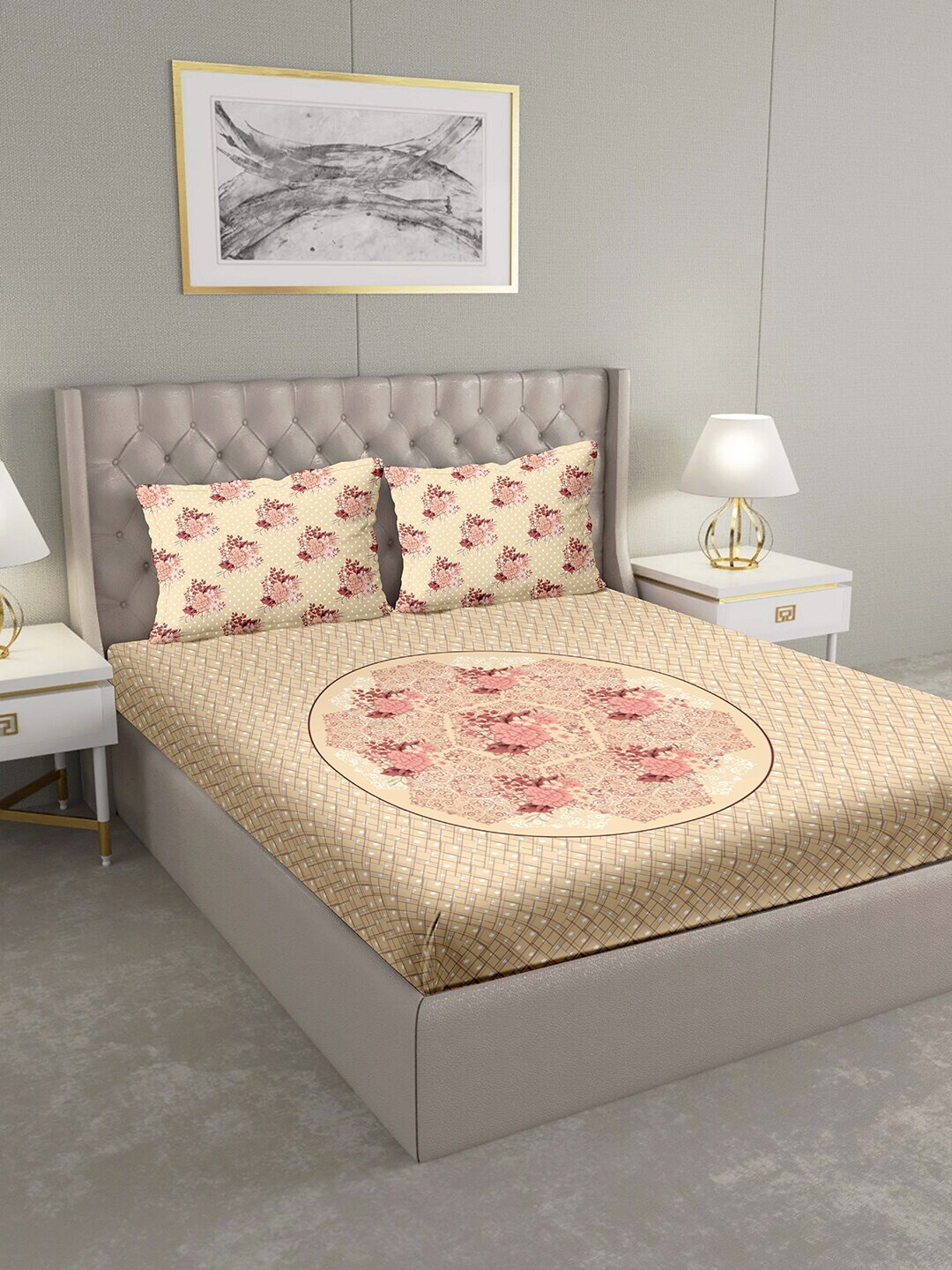 

BELLA CASA Beige & Pink Floral 124 TC Cotton 1 Extra Large Bedsheet with 2 Pillow Covers