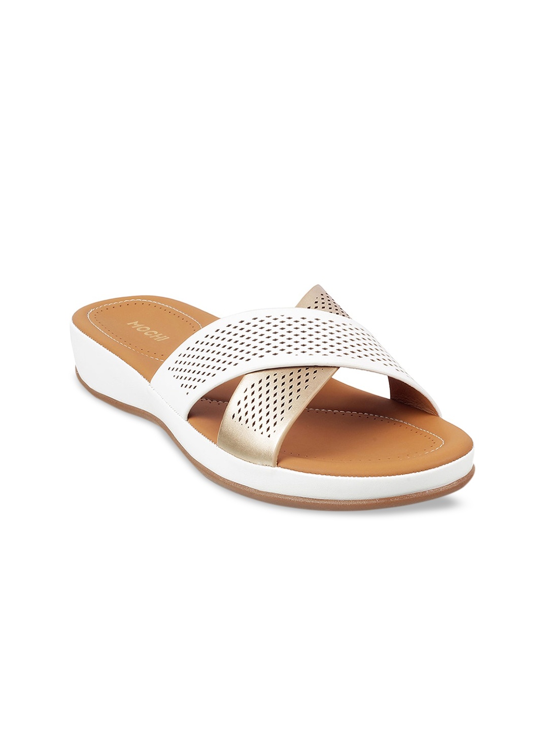 

Mochi Women White & Muted Gold-Toned Colourblocked Comfort Heels