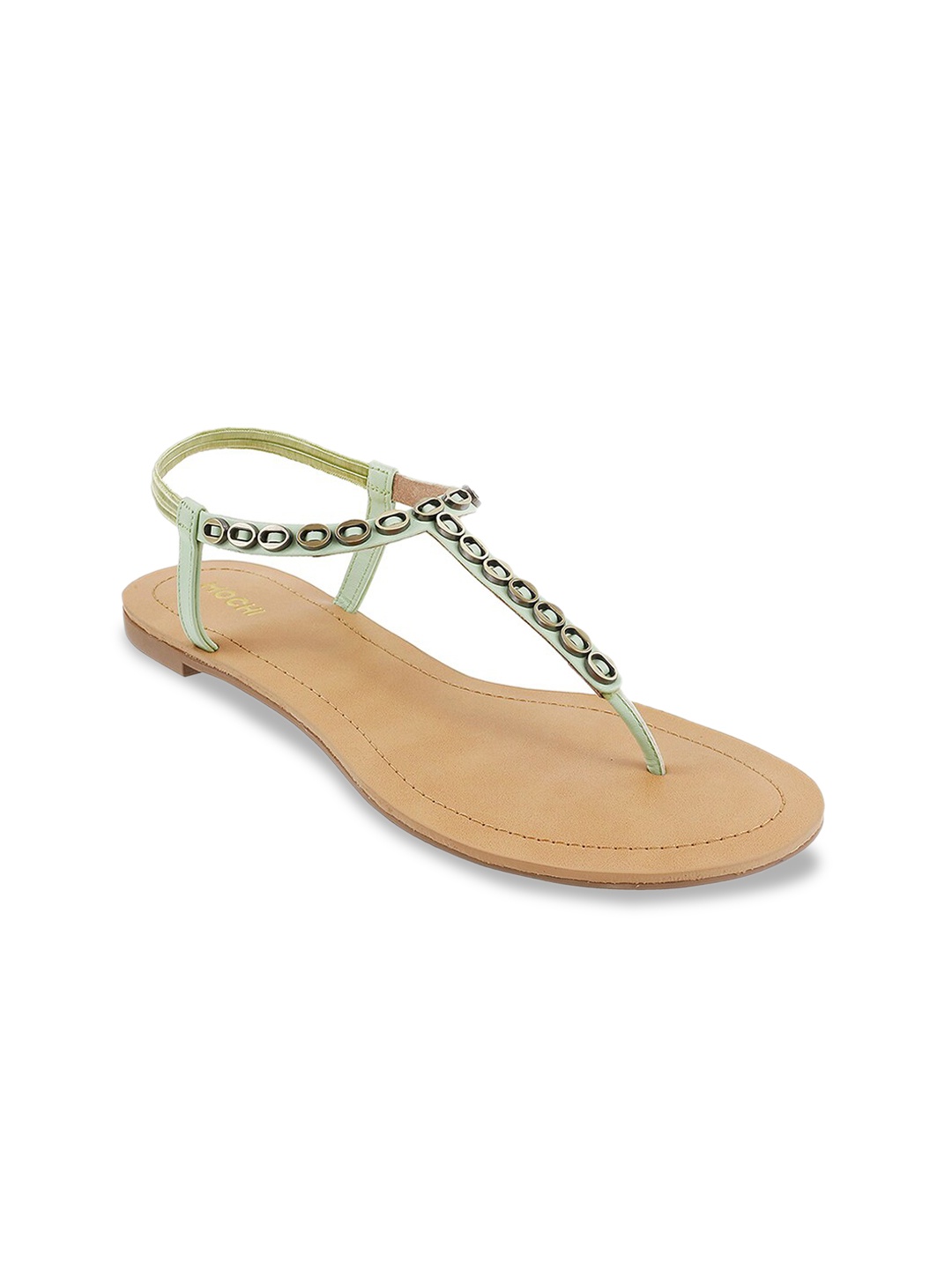 Mochi Women Green Solid T-Strap Flats