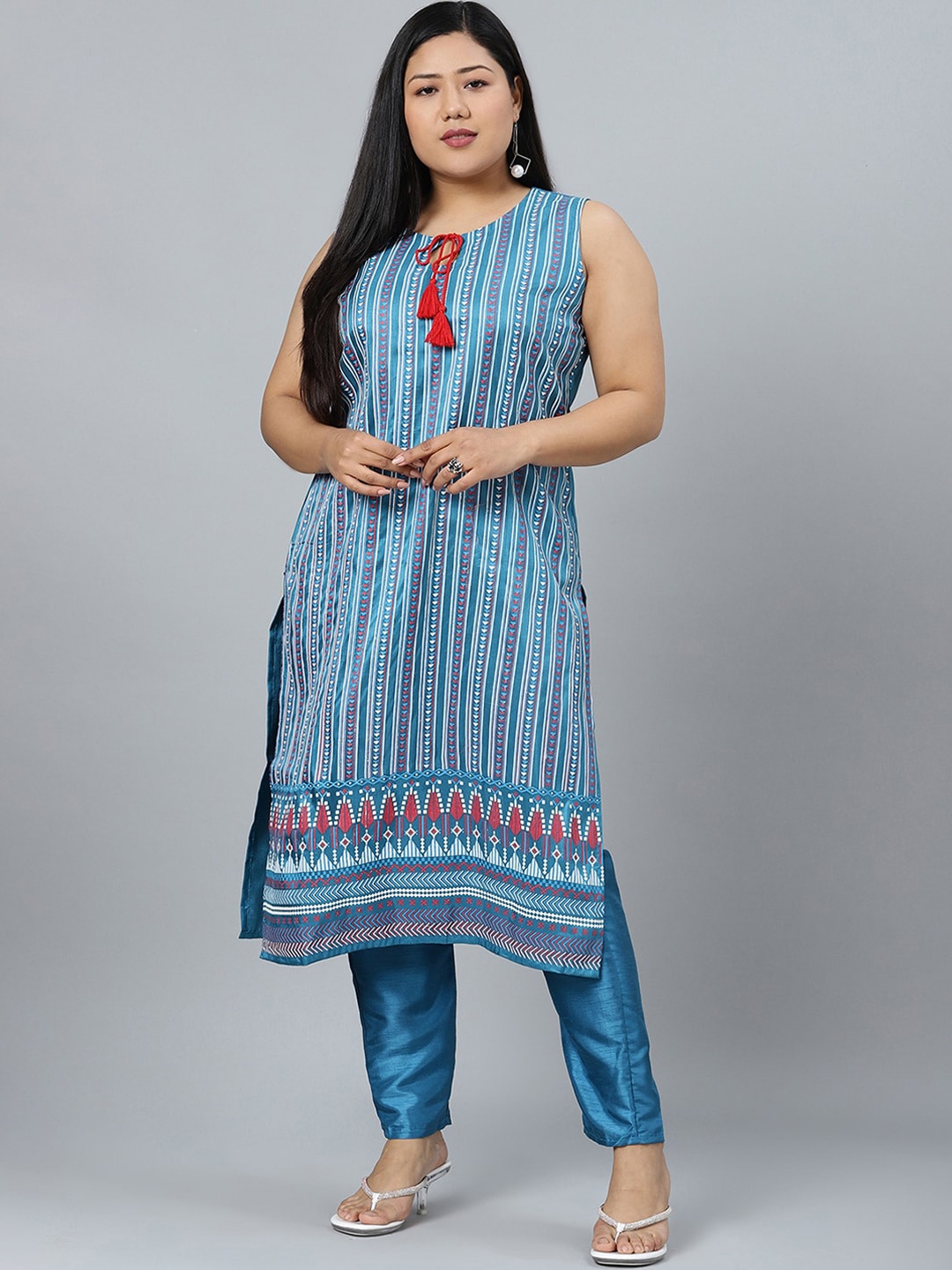 

curveZI by Ziyaa Women Blue Striped Kurta with Palazzos