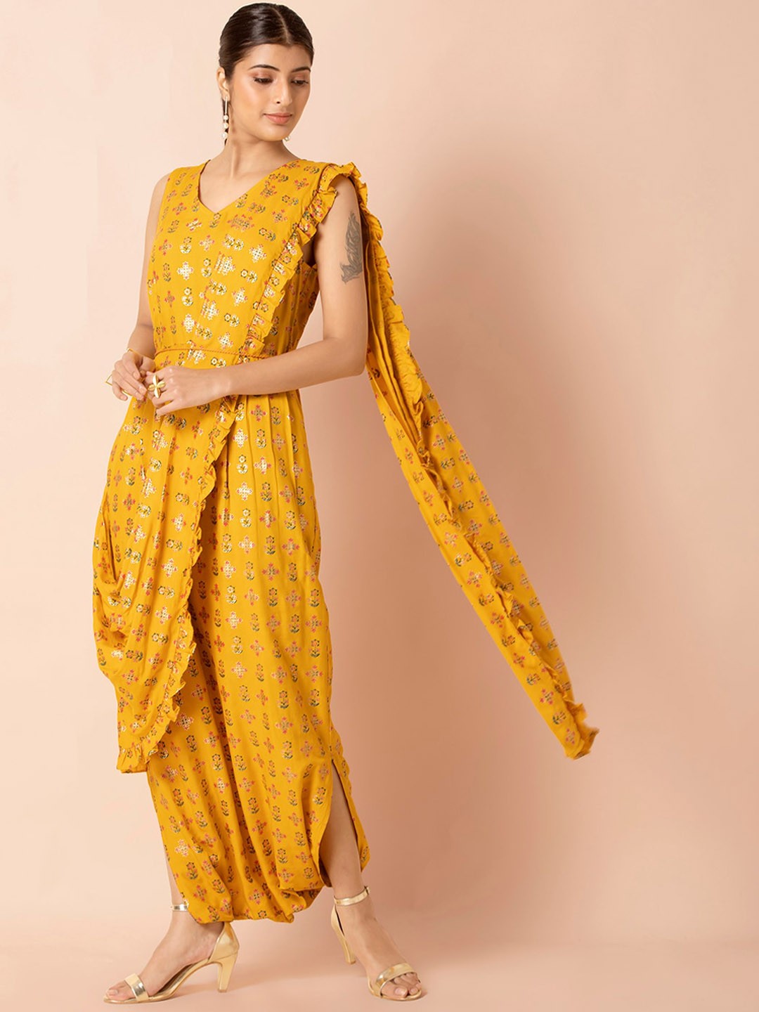 

INDYA Women Yellow Printed Basic Jumpsuit Attached Dupatta
