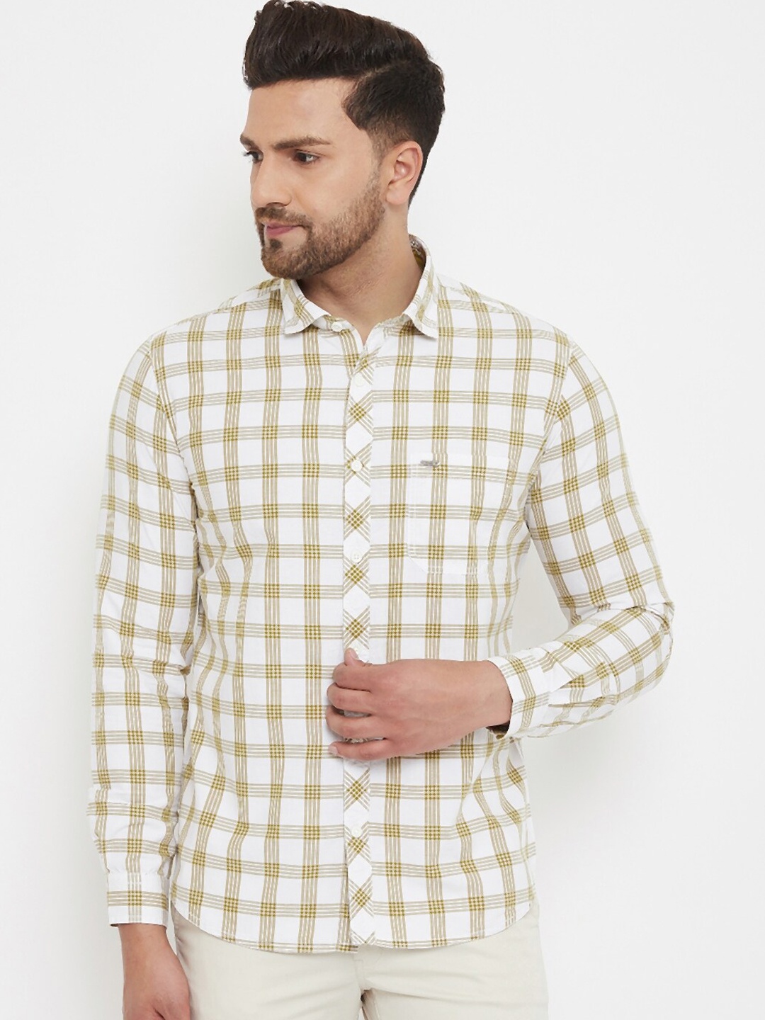 

Canary London Men White & Green Slim Fit Checked Casual Shirt