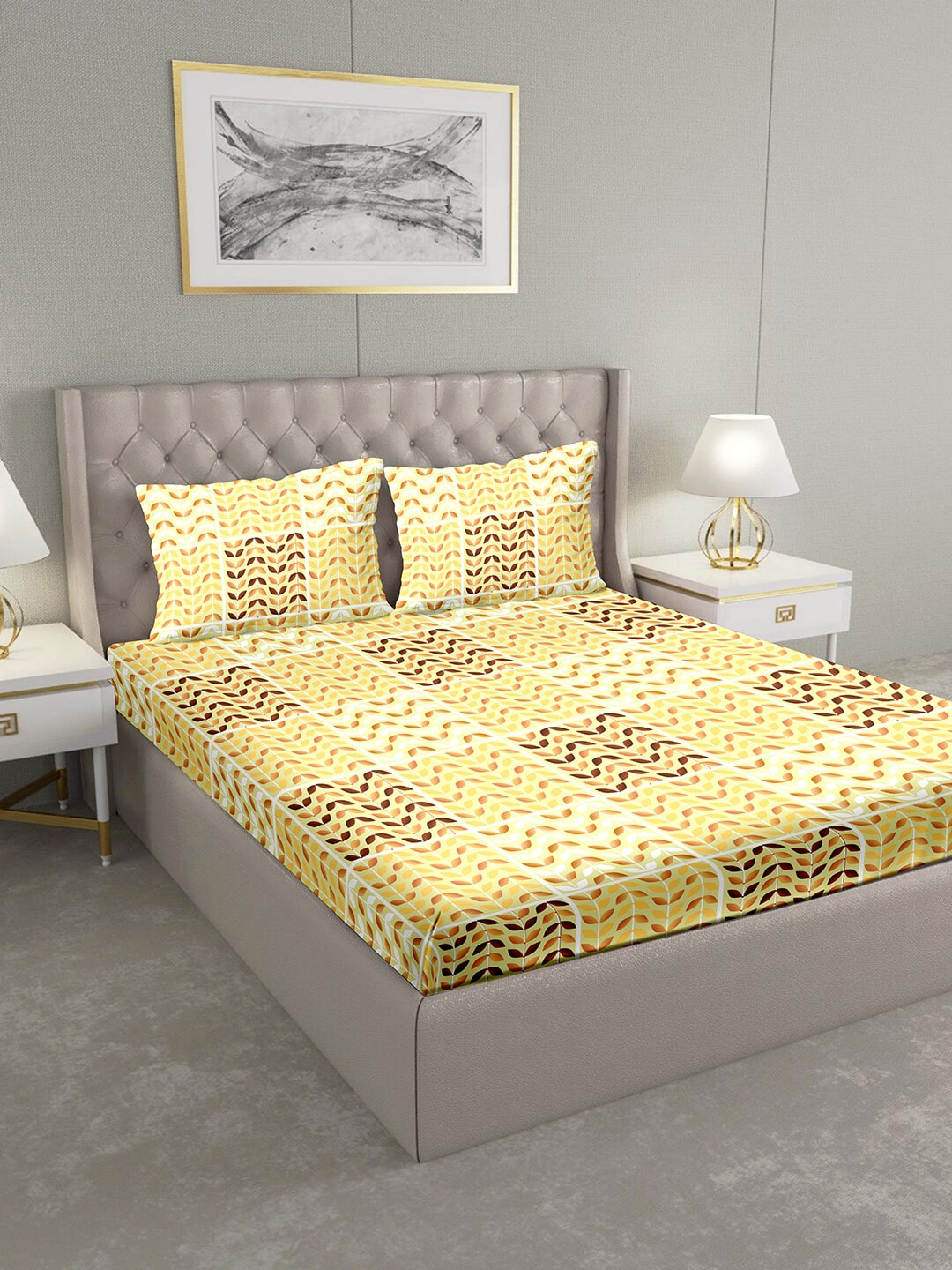 

BELLA CASA Yellow & Brown Floral 124 TC Cotton 1 King Bedsheet with 2 Pillow Covers