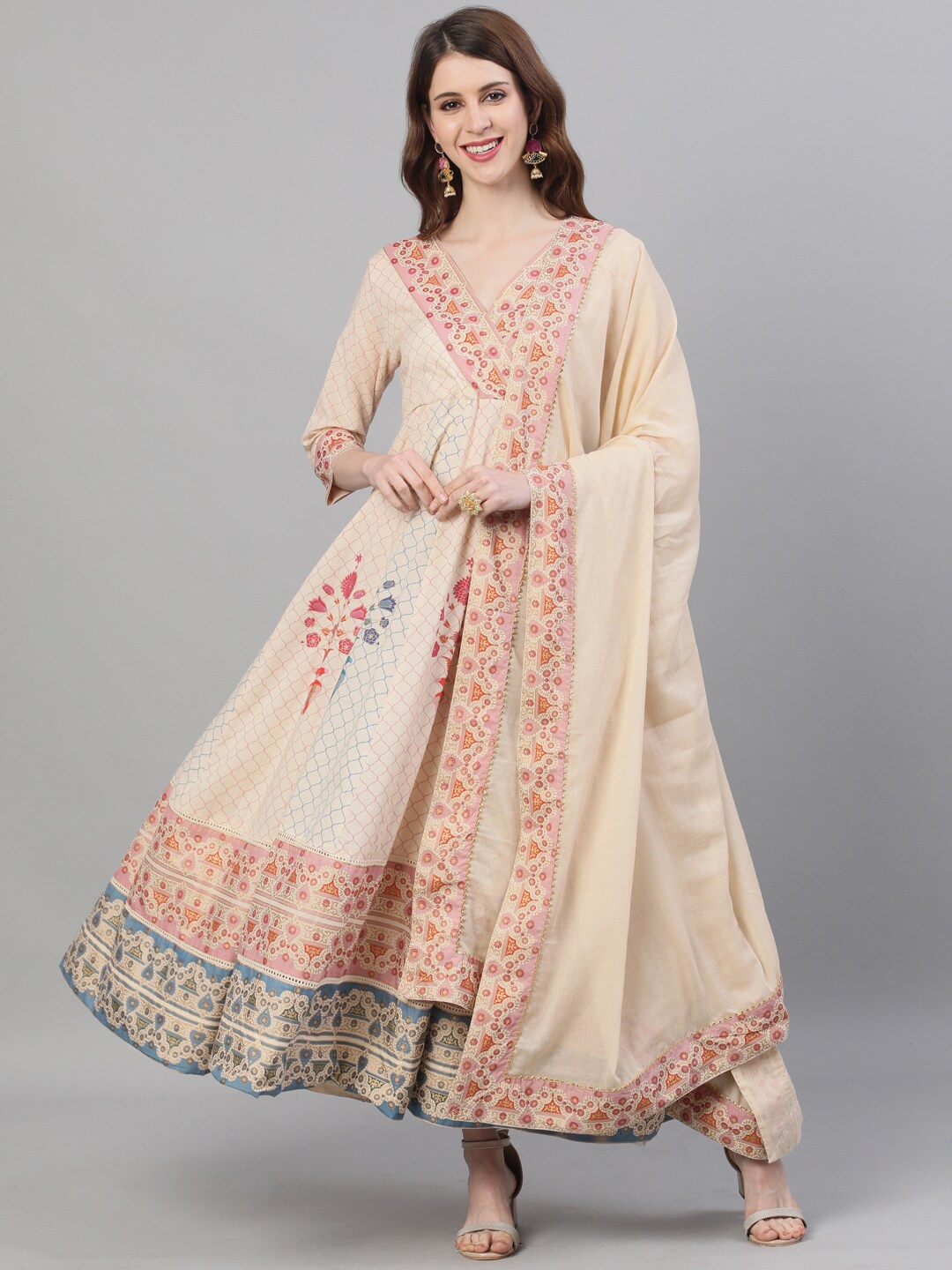 

Ishin Women Beige Ethnic Motifs Printed Anarkali Kurta with Dupatta