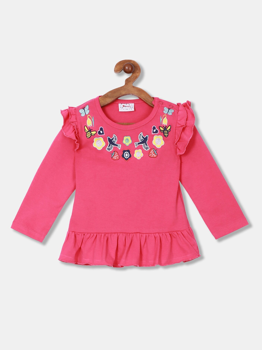 

Donuts pink floral embroidered pure cotton peplum top