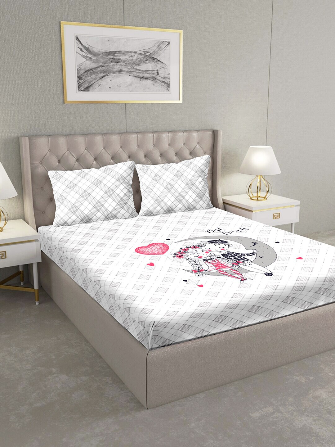 

BELLA CASA White & Black Conversational 124 TC Cotton 1 King Bedsheet with 2 Pillow Covers
