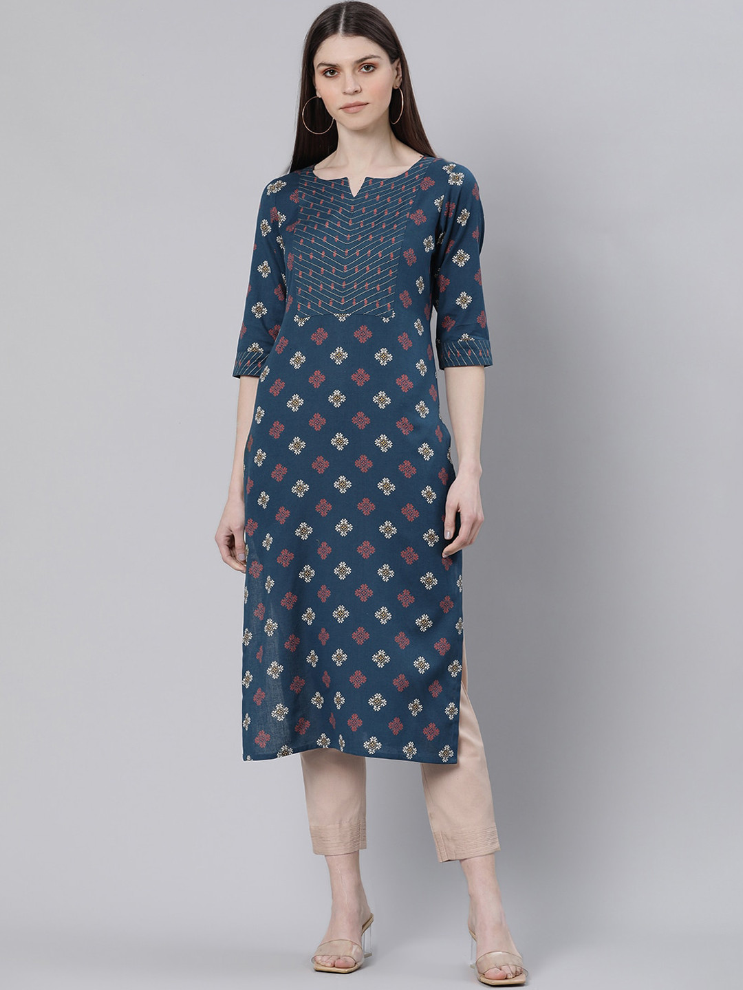 

Gerua By Libas Women Navy Blue Red Geometric Printed Cotton Kurta