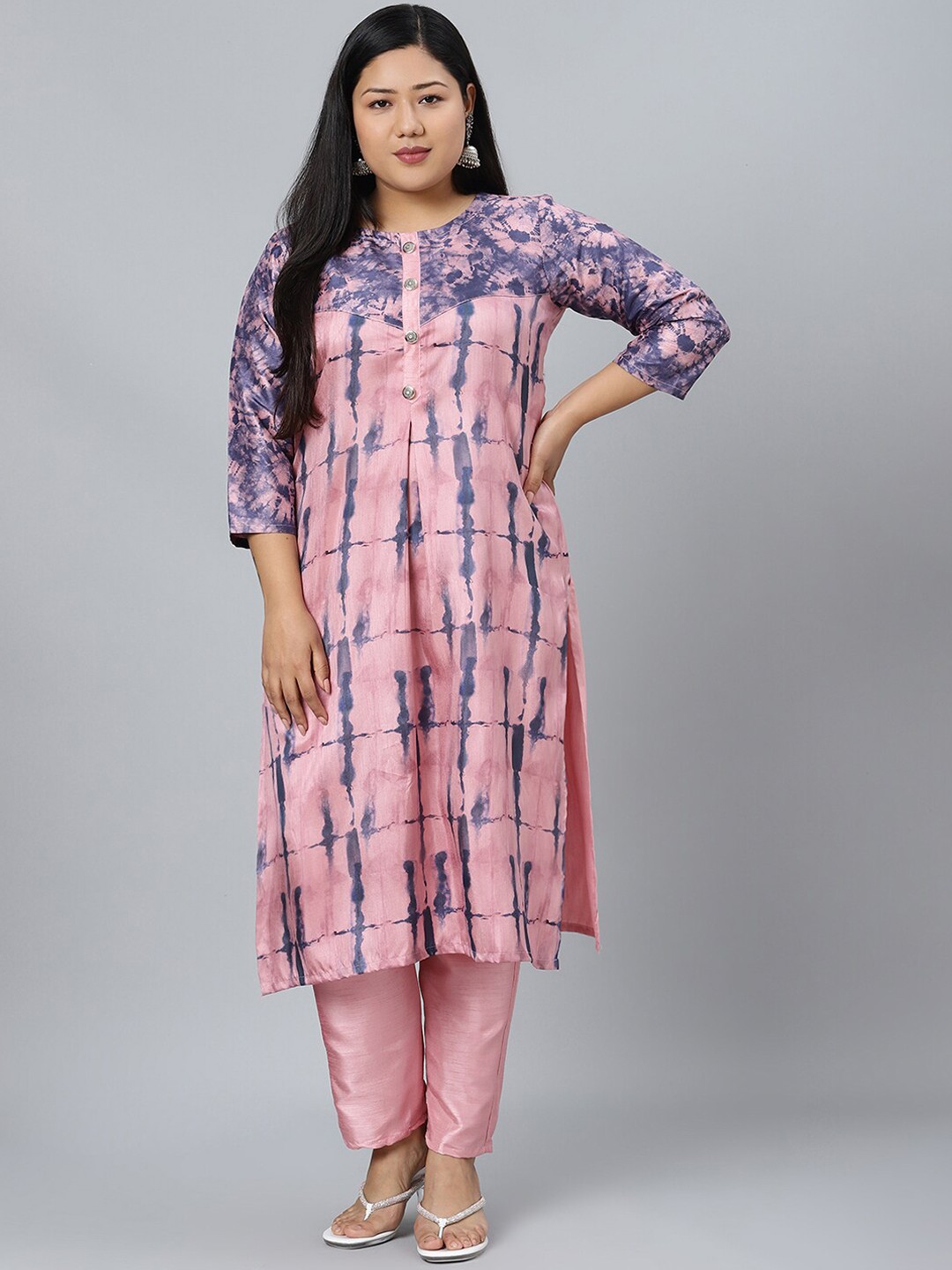 

curveZI by Ziyaa Women Pink & Blue Printed Kurti with Trousers