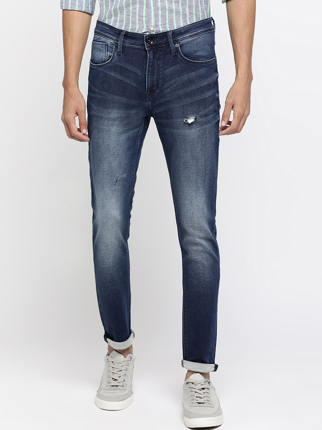 

Pepe Jeans Men Super Skinny Fit Mid-Rise Low Distress Stretchable Jeans, Navy blue