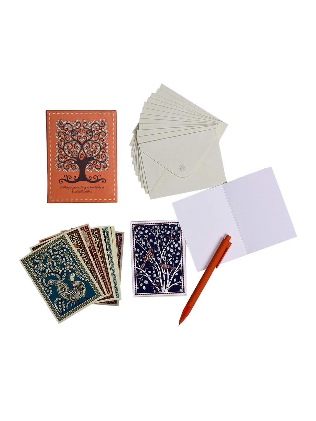 Doodle Beige & Maroon Set Of 12 Kalamkari Art Notecards With Envelope
