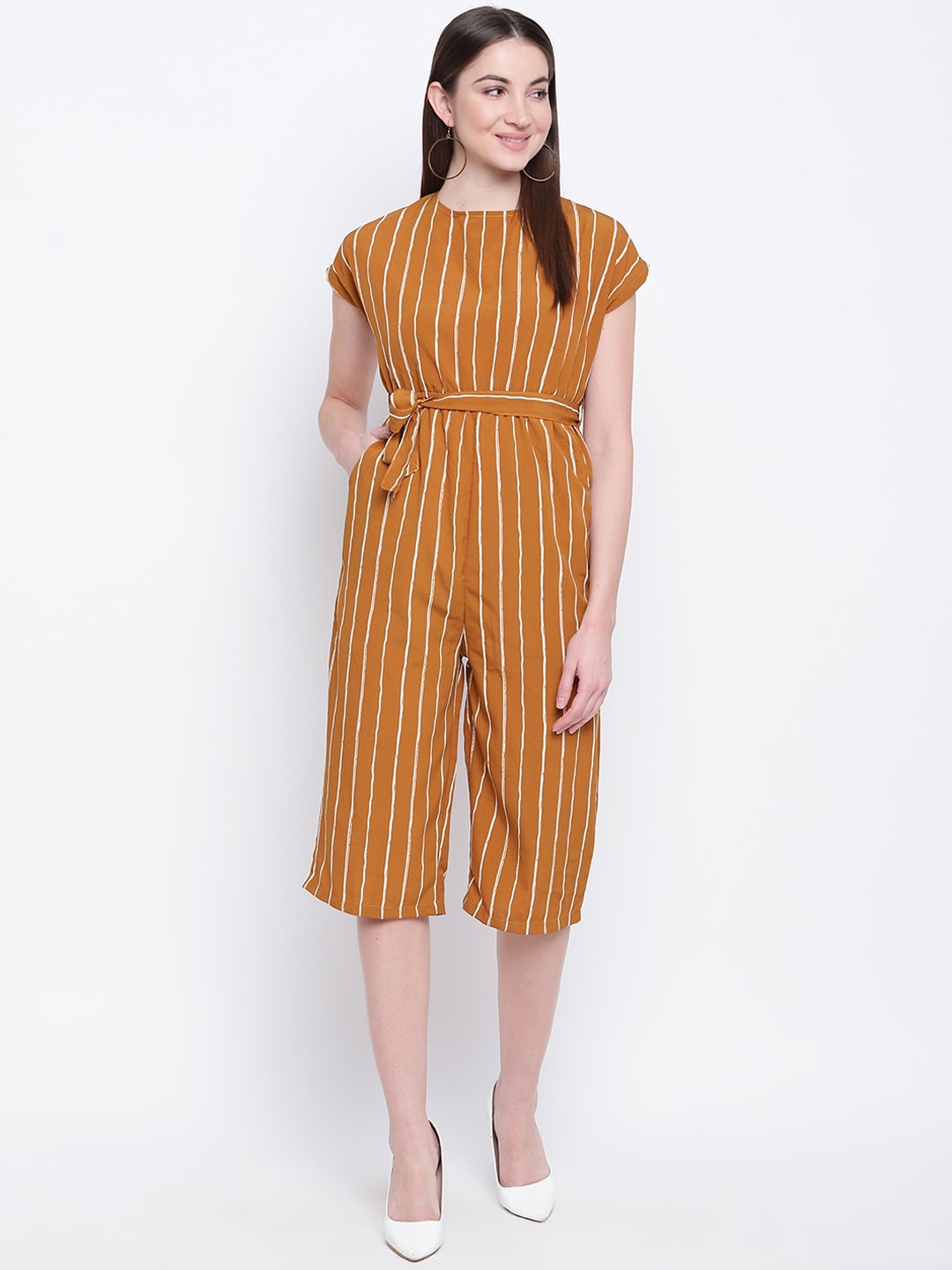 

Mayra Women Mustard Striped Culotte Jumpsuit