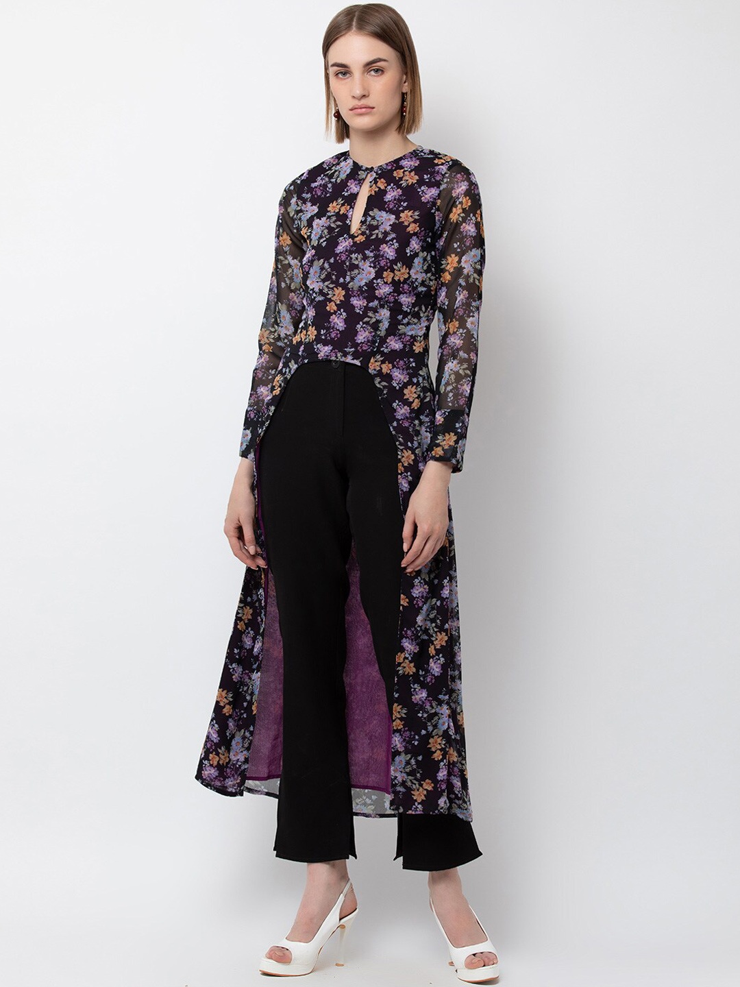 

DODO & MOA Women Black Printed Georgette Longline Maxi Top