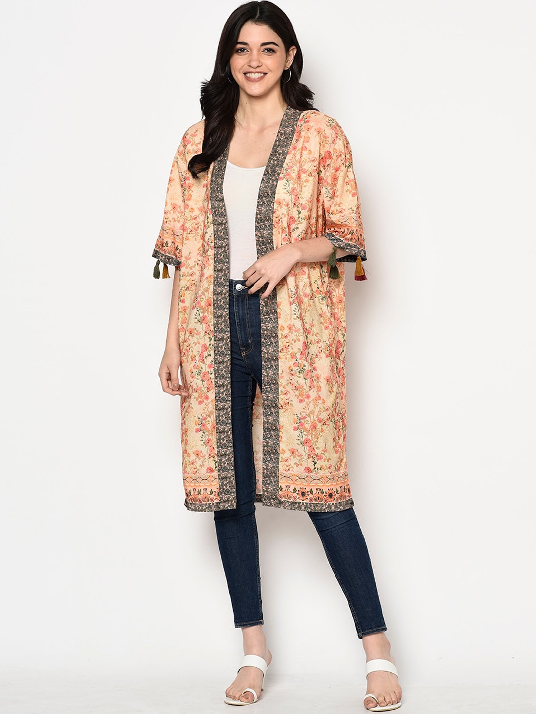 

BLANC9 Women Beige & Black Printed Open Front Shrug