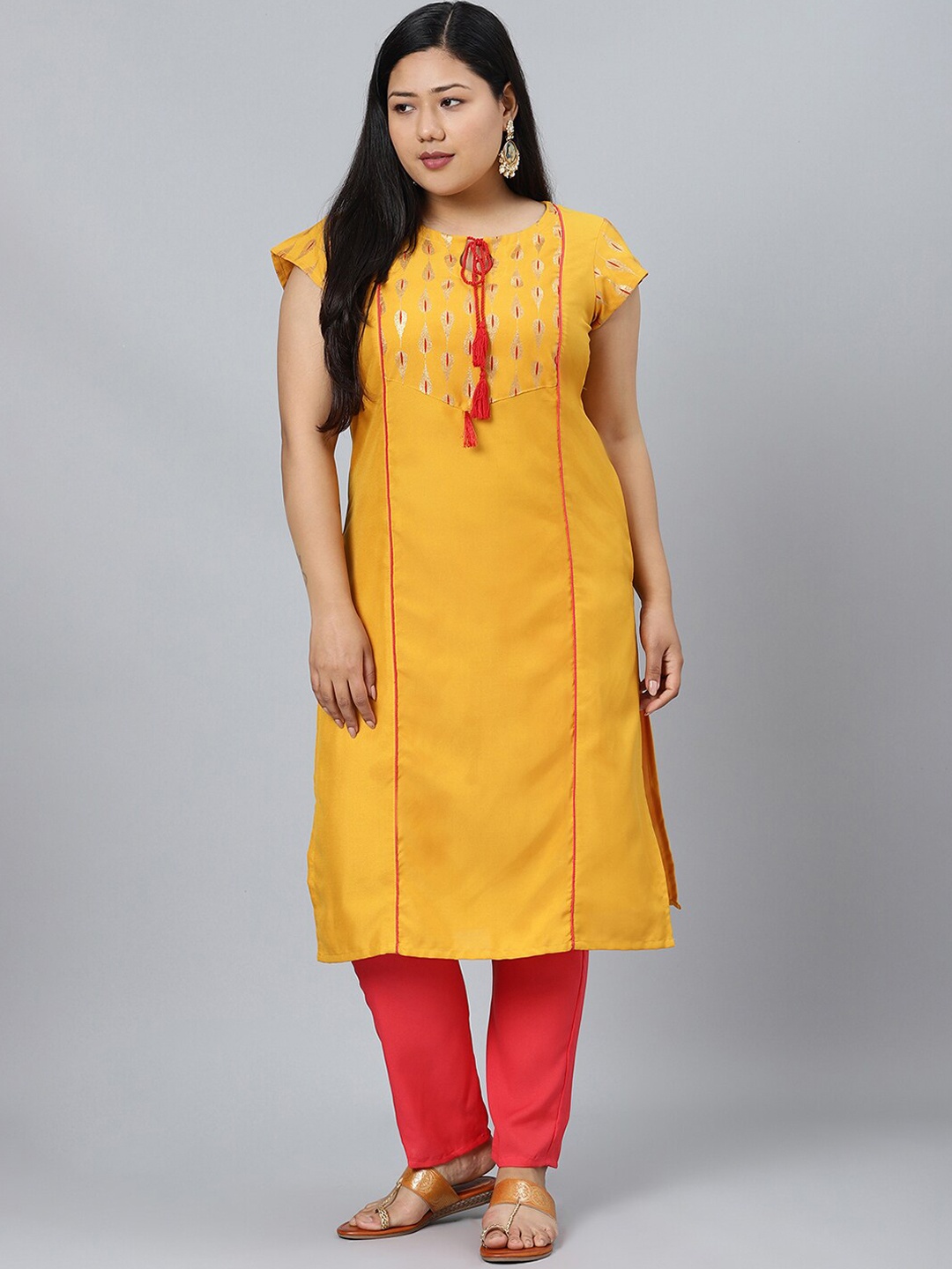 

curveZI by Ziyaa Women Mustard Embroidered Kurta with Trousers